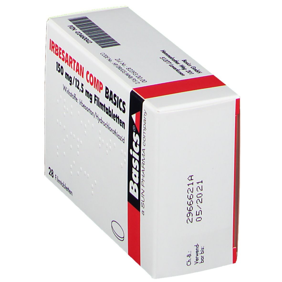 Schachtel "IRBESARTAN COMP BASICS 150 mg/12,5 mg Filmtabletten". Seitenansicht. Basics-Logo. Verfallsdatum 05/2021.