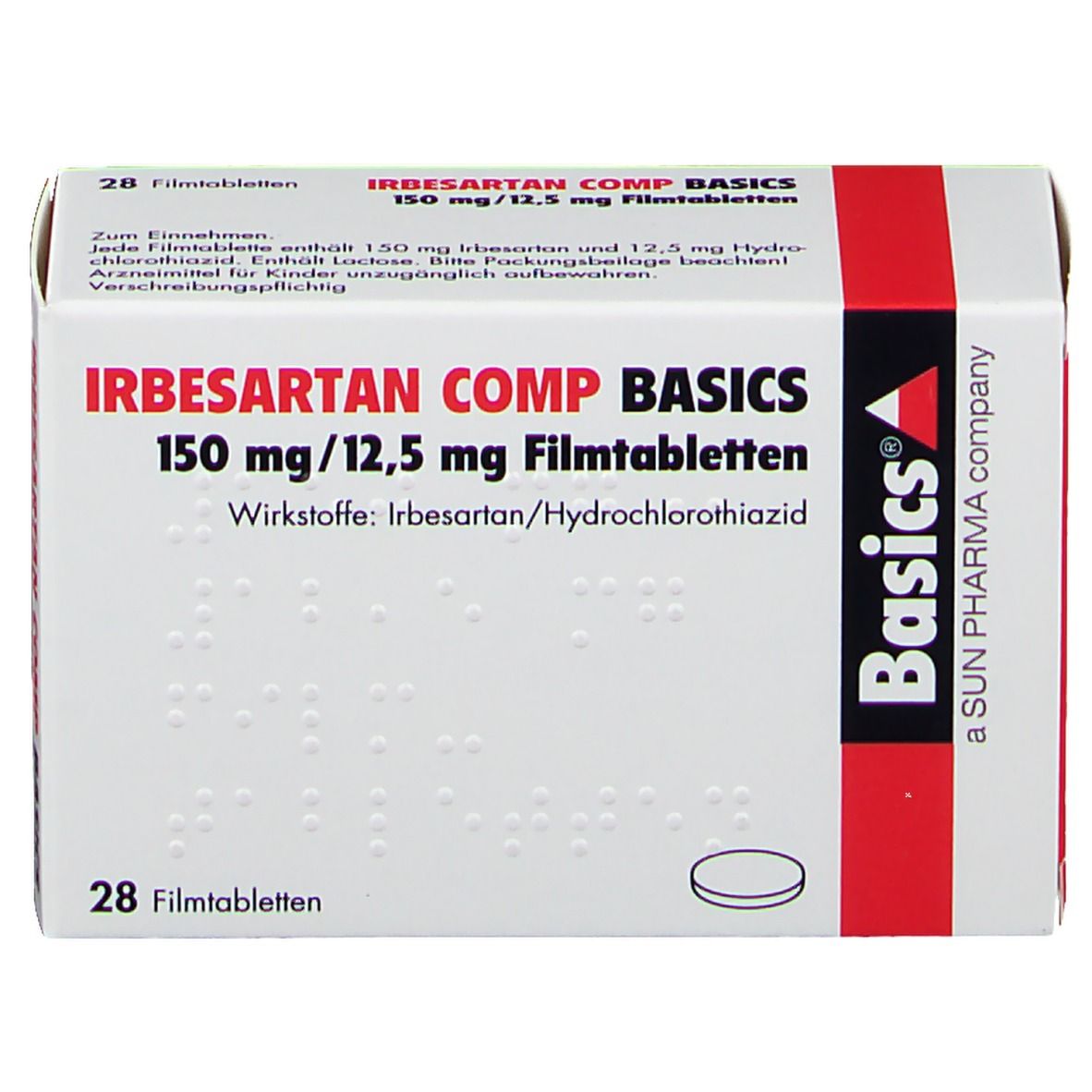 Schachtel mit "IRBESARTAN COMP BASICS 150 mg/12,5 mg Filmtabletten". Aufschrift: 28 Filmtabletten. Basics-Logo.