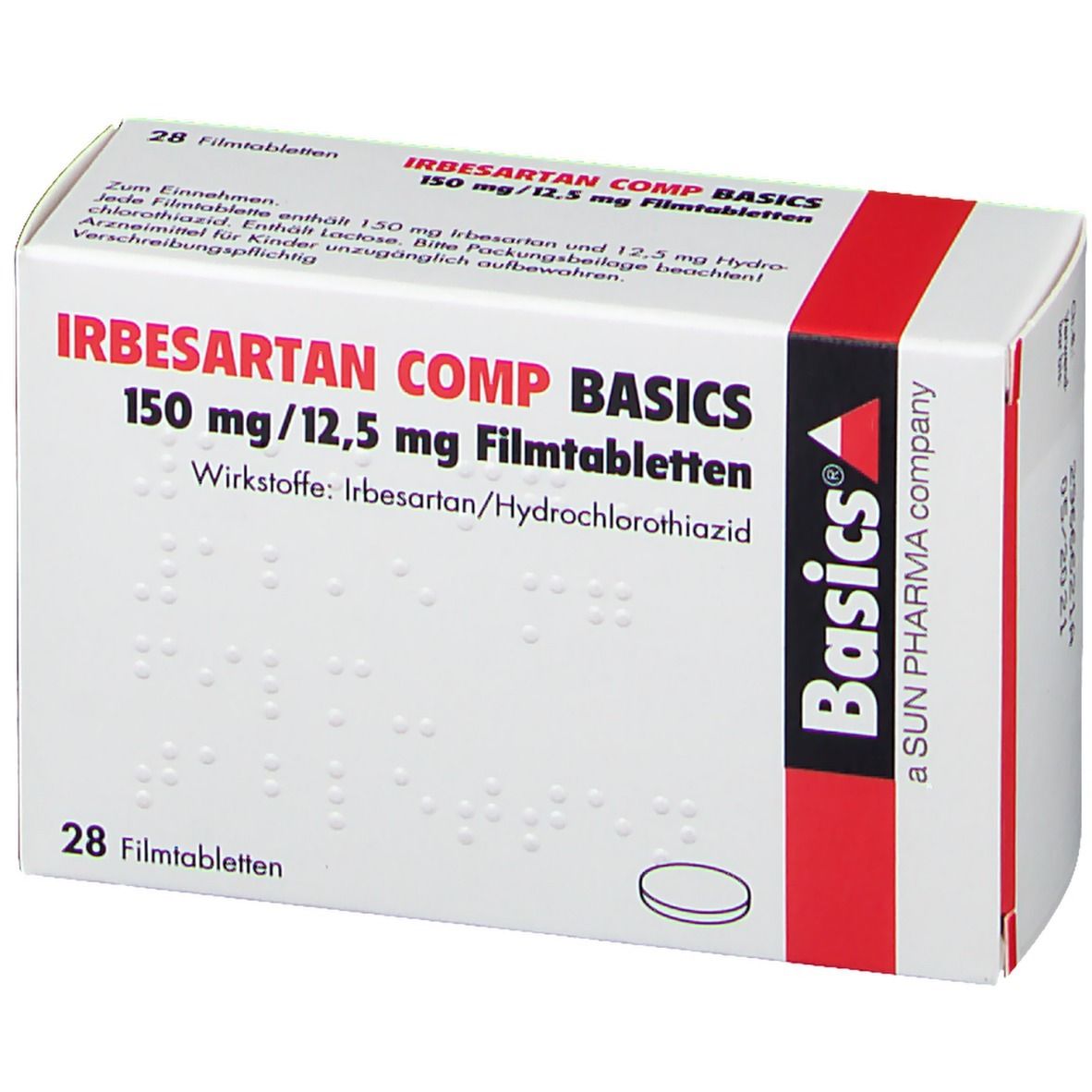 Schachtel mit "IRBESARTAN COMP BASICS 150 mg/12,5 mg Filmtabletten". Aufschrift: 28 Filmtabletten. Basics-Logo.