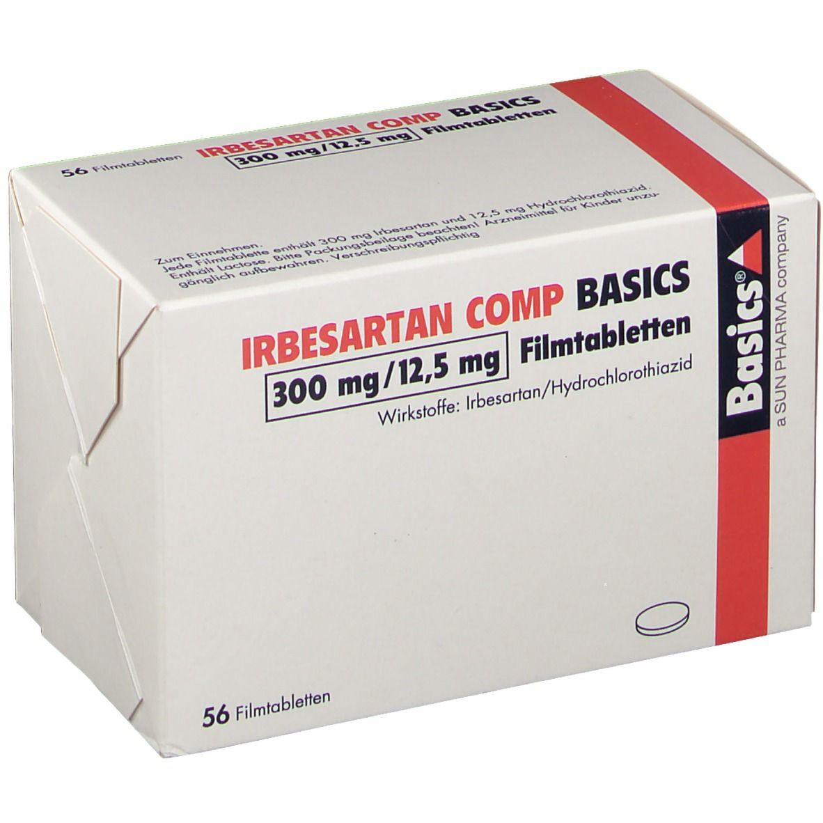 Schachtel mit IRBESARTAN COMP BASICS 300 mg/12,5 mg Filmtabletten. 56 Tabletten. Basics-Logo.