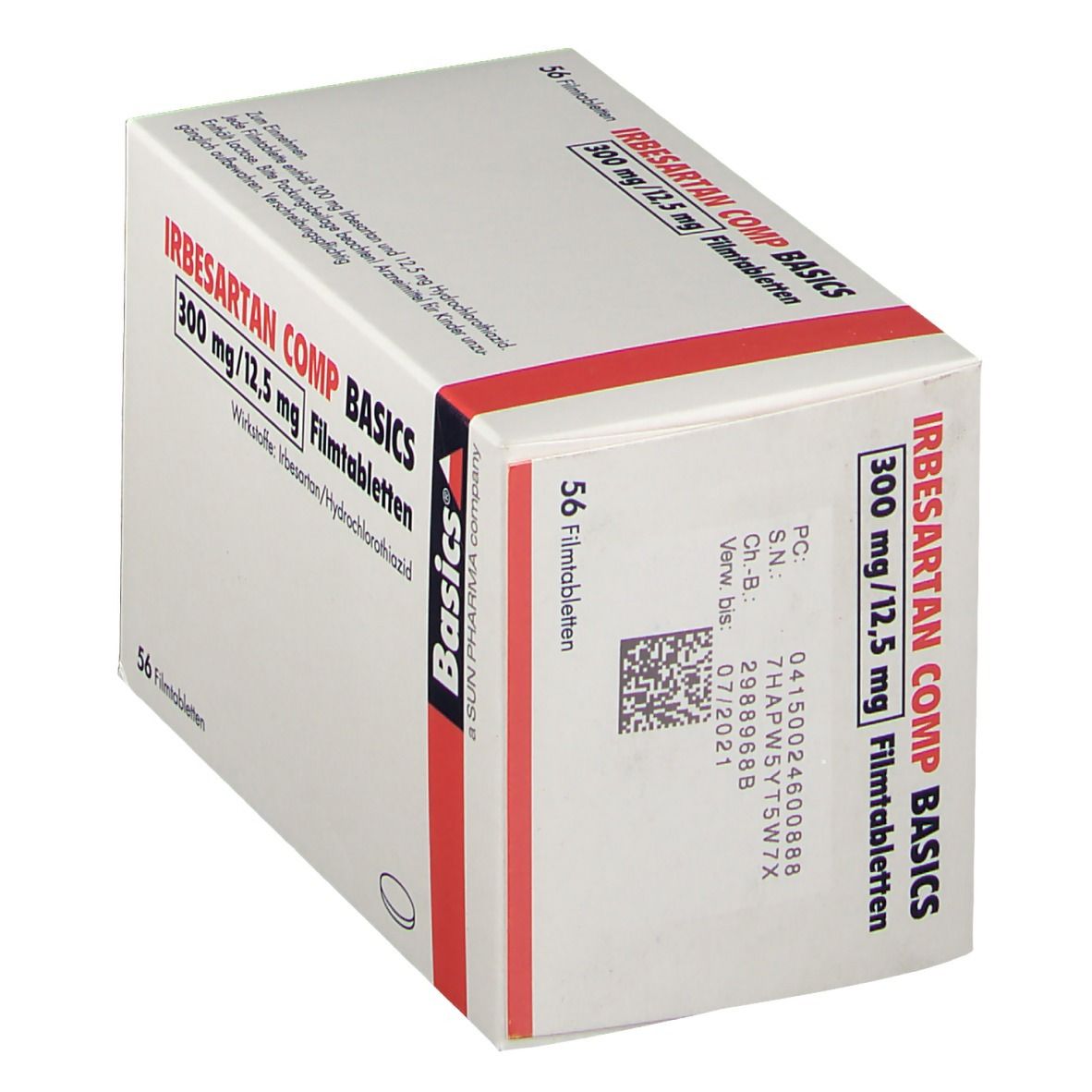 Schachtel IRBESARTAN COMP BASICS 300 mg/12,5 mg Filmtabletten. 56 Tabletten. Basics-Logo. Ansicht schräg.