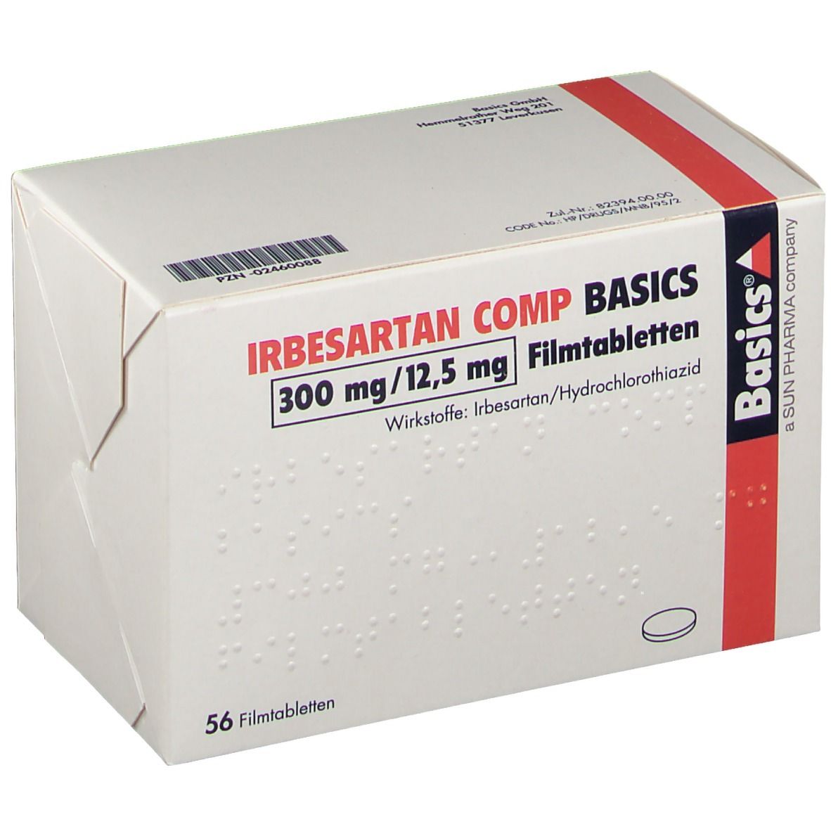 Schachtel mit IRBESARTAN COMP BASICS 300 mg/12,5 mg Filmtabletten. 56 Tabletten. Basics-Logo.