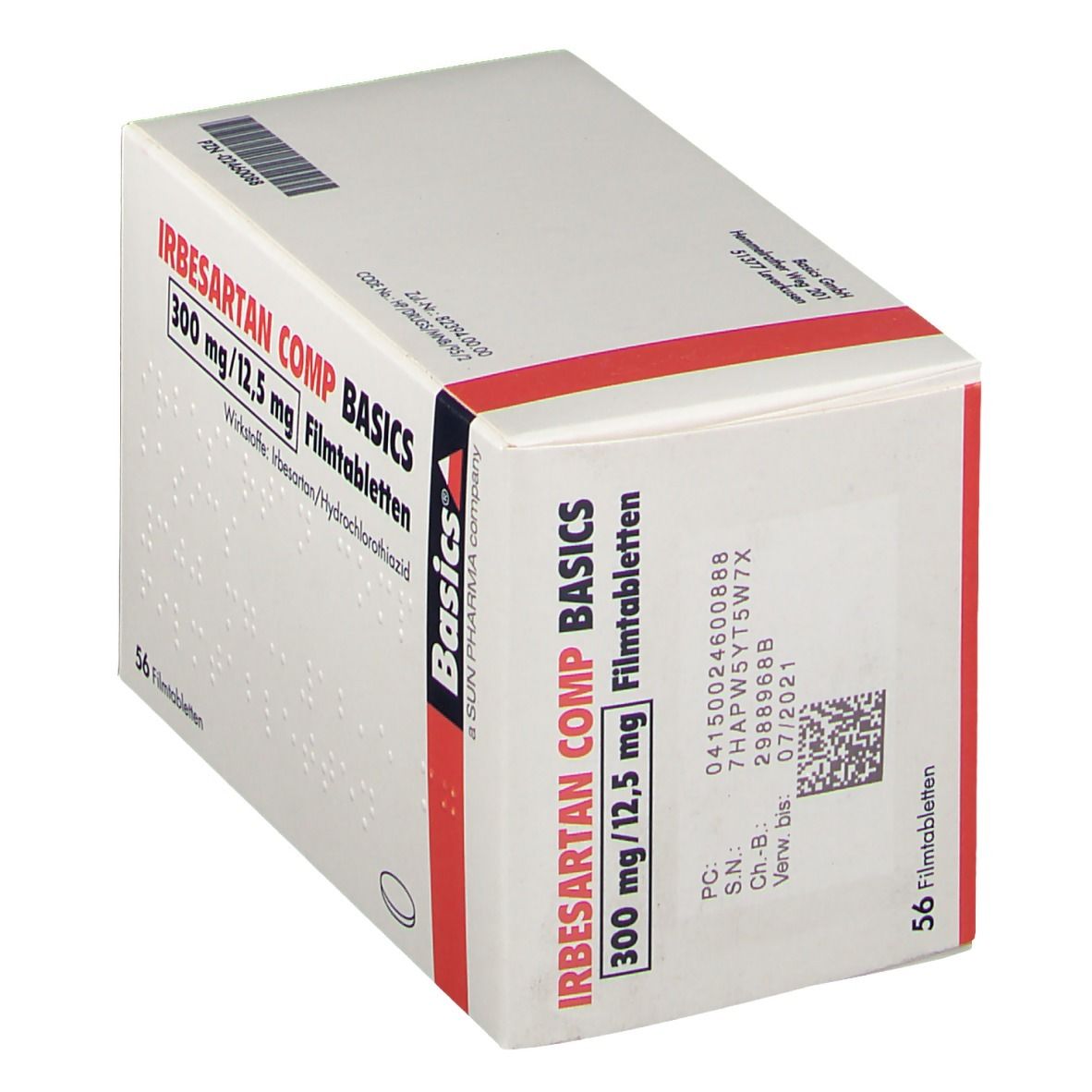 Schachtel IRBESARTAN COMP BASICS 300 mg/12,5 mg Filmtabletten. 56 Tabletten. Basics-Logo. Ansicht schräg.