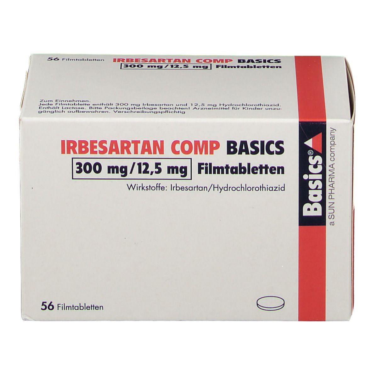 Schachtel mit IRBESARTAN COMP BASICS 300 mg/12,5 mg Filmtabletten. 56 Tabletten. Basics-Logo.