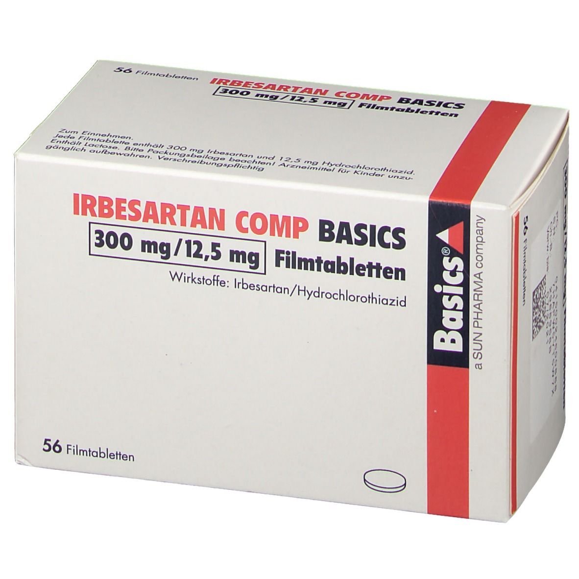 Schachtel mit IRBESARTAN COMP BASICS 300 mg/12,5 mg Filmtabletten. 56 Tabletten. Basics-Logo.