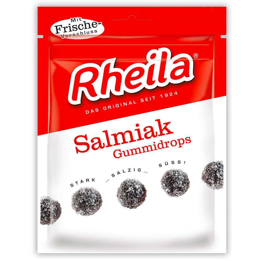 Verpackung von Rheila Salmiak Gummidrops. Rote und weiße Verpackung mit Produktnamen und Produktabbildung.