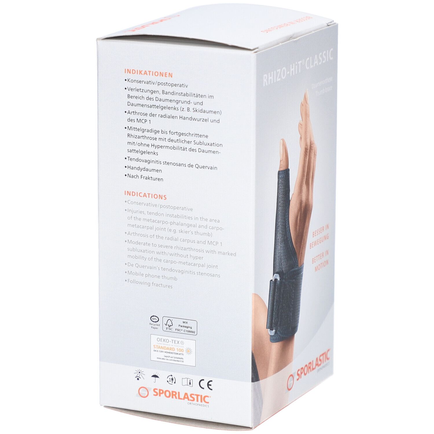 Rückseite der Verpackung der Rhizo-Hit Classic Daumenorthese. Text in Deutsch und Englisch. Sporlastic Logo.