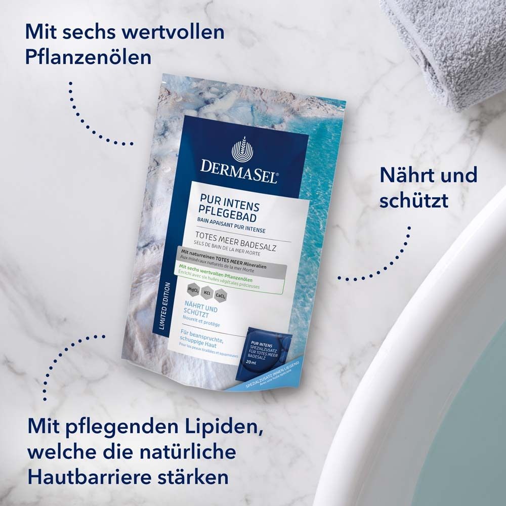 Produktverpackung von DermaSel® PUR INTENS PFLEGEBAD. Text: Nährt und schützt. Mit pflegenden Lipiden.  Badewanne im Hintergrund.