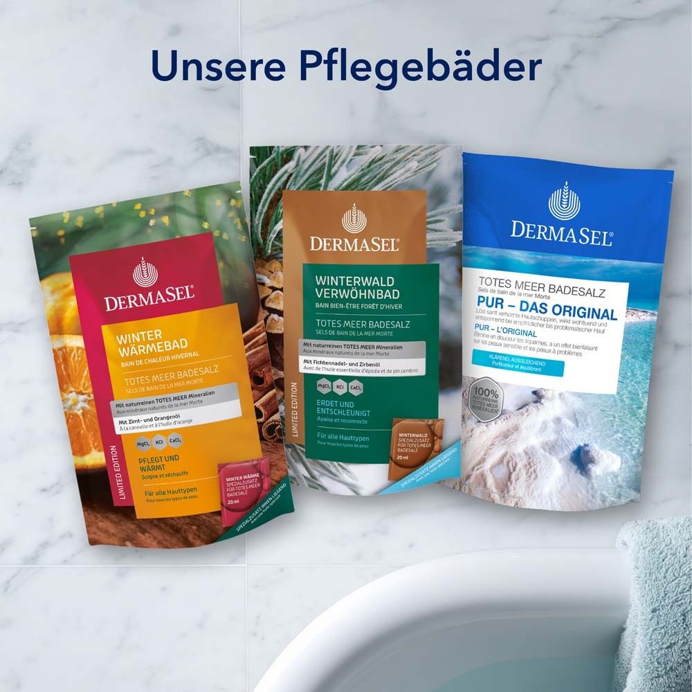 Drei DermaSel® Pflegebäder. Winter Wärme Bad, Winterwald Verwöhnbad, Totes Meer Badesalz Pur.  Badewanne im Hintergrund.