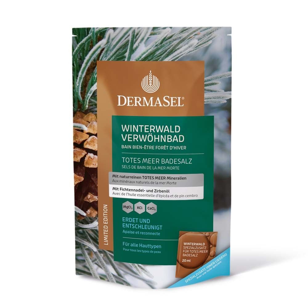 DermaSel Winterwald Verwöhnbad. Beutel mit Badesalz. Grün-braune Verpackung mit Produktnamen und Inhaltsstoffen. Limited Edition.