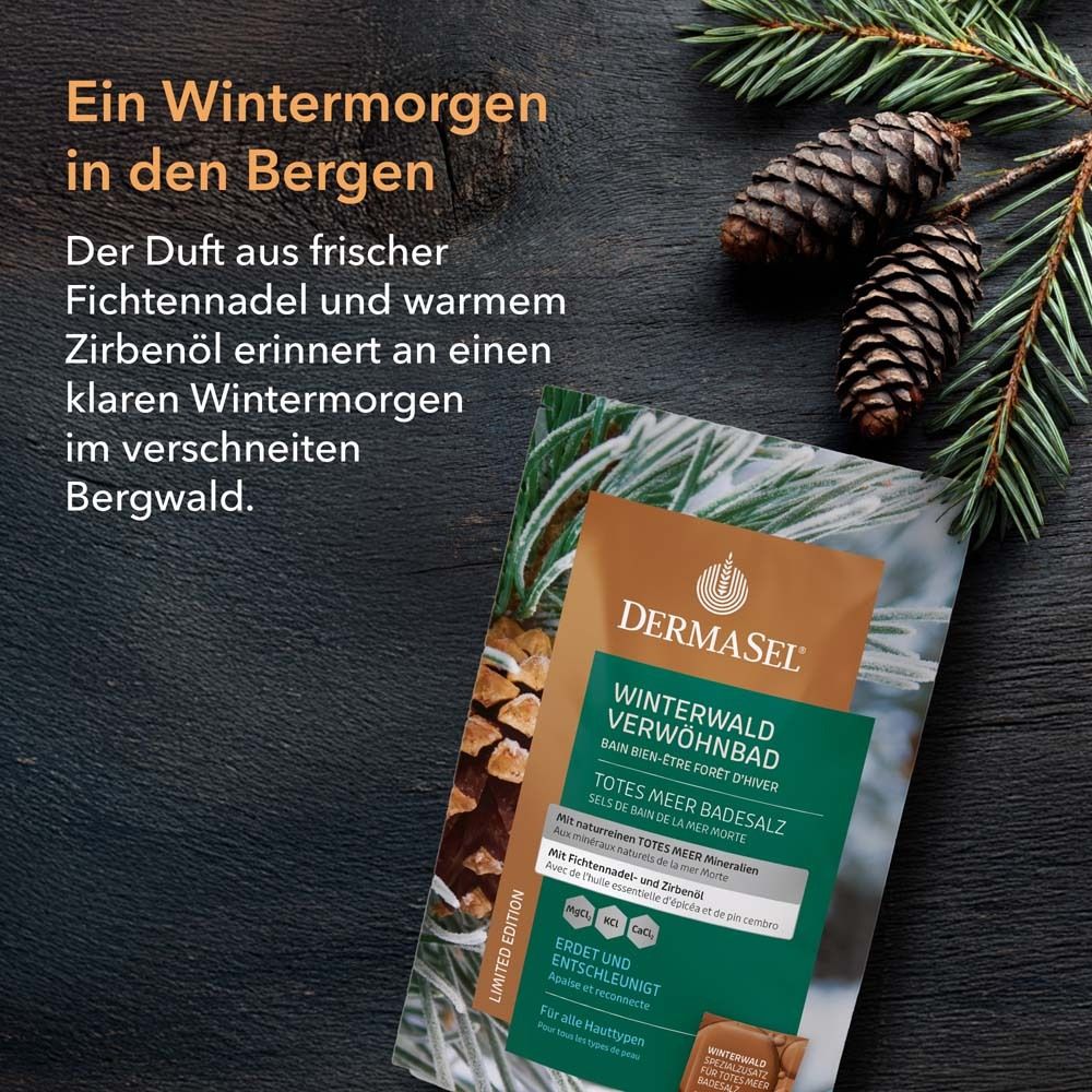 Produktverpackung mit Text: DermaSel Winterwald Verwöhnbad. Mit Fichtennadel- und Zirbenöl. Auf dunklem Holz. Tannenzweige und Zapfen.