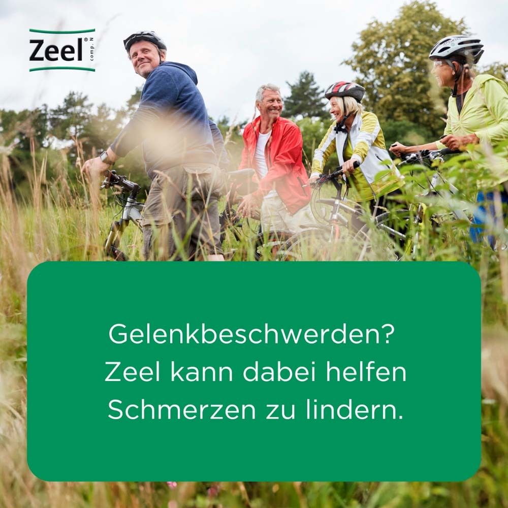 Radfahrer im Freien. Text: Gelenkbeschwerden? Zeel kann helfen, Schmerzen zu lindern.
