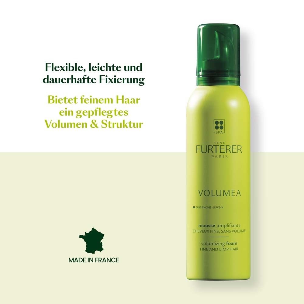 Grüne Flasche mit grünem Deckel. Text: Flexible, leichte und dauerhafte Fixierung. Made in France.