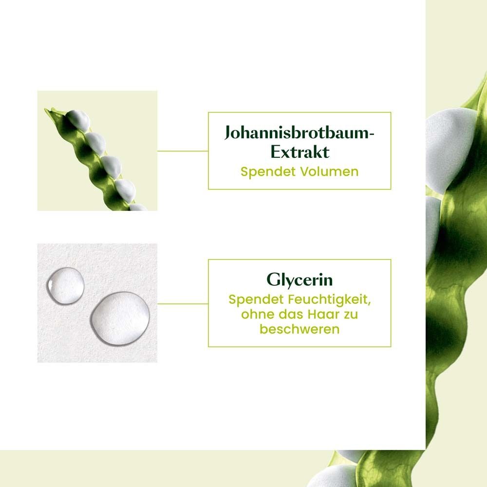Nahaufnahme von Inhaltsstoffen. Text: Johannisbrotbaum-Extrakt, Glycerin. Spendet Volumen und Feuchtigkeit.