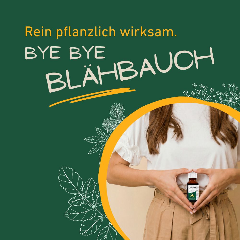 Rein pflanzlich wirksam. Bye Bye Blähbauch. Frau hält Fläschchen in Händen.