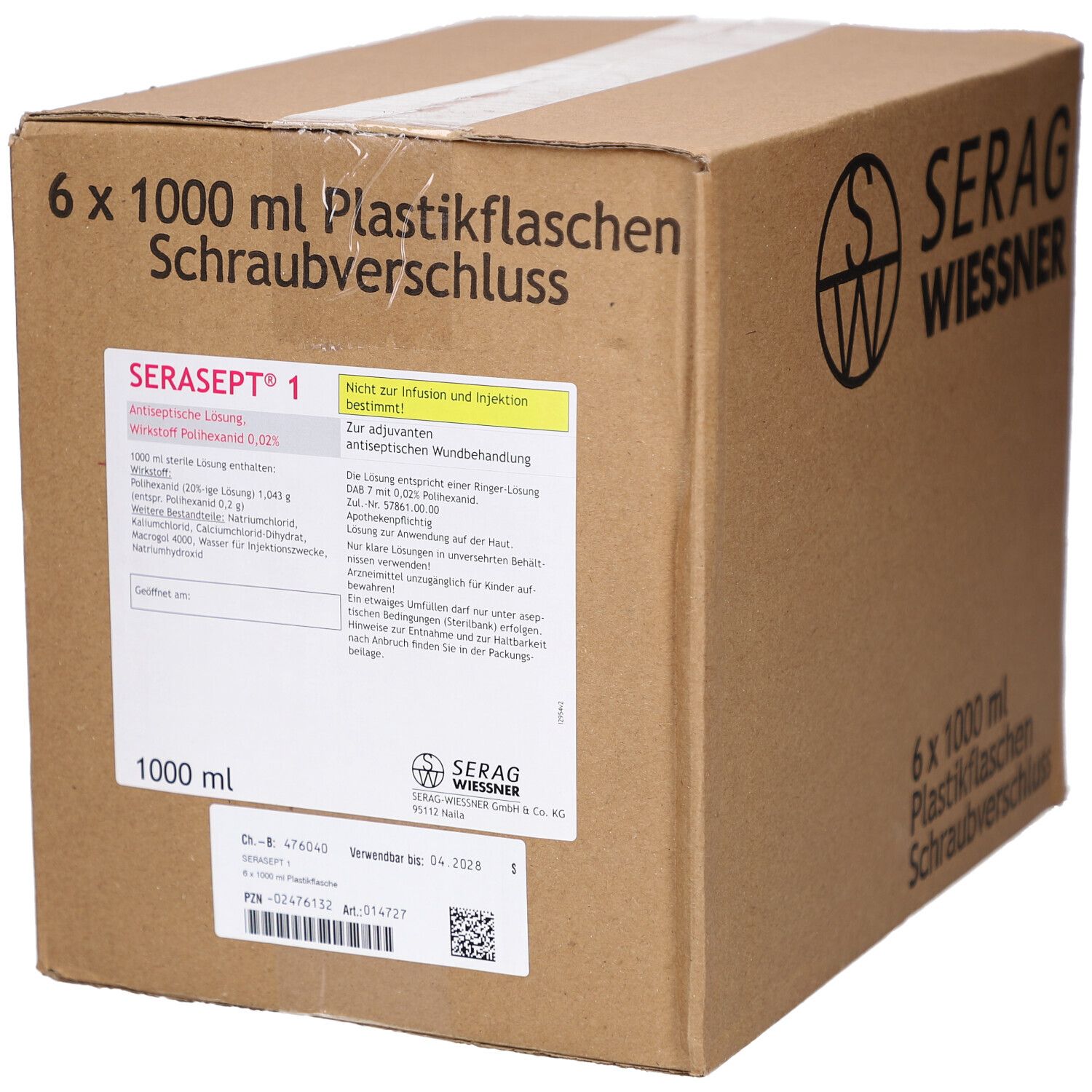 Karton mit SERASEPT 1 Lösung. Aufdrucke: 6 x 1000 ml Plastikflaschen, Schraubverschluss, SERAG WIESSNER, Produktinformationen.