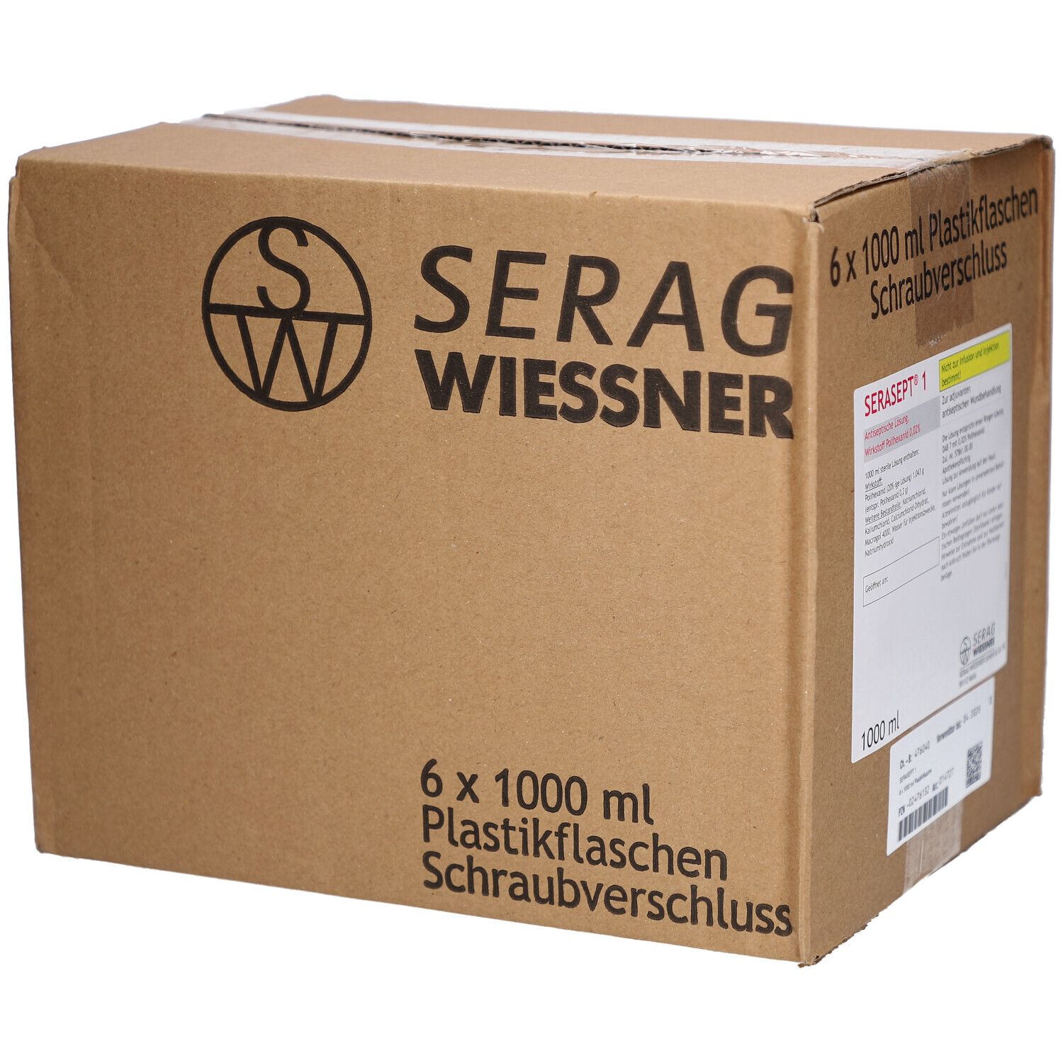 Karton mit SERASEPT 1 Lösung. Aufdrucke: 6 x 1000 ml Plastikflaschen, Schraubverschluss, SERAG WIESSNER, Produktinformationen.