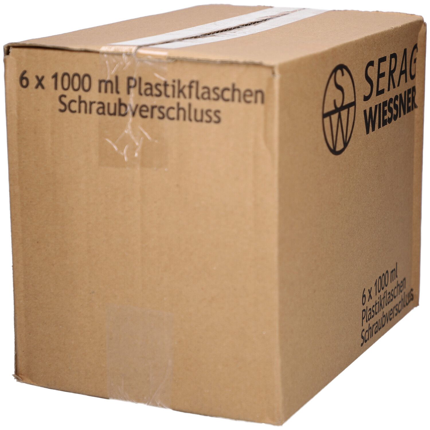 Brauner Karton mit Aufdrucken: 6 x 1000 ml Plastikflaschen, Schraubverschluss, SERAG WIESSNER Logo.