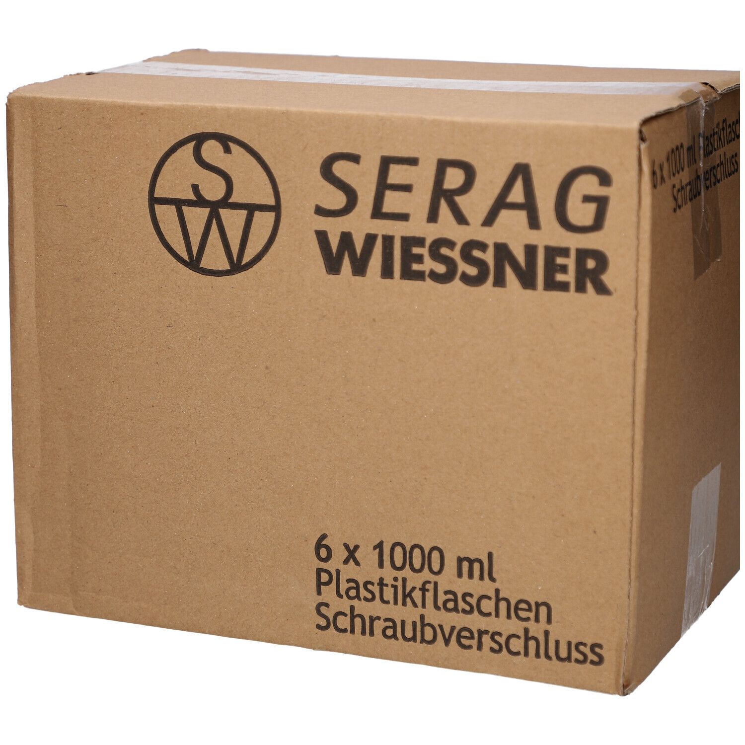 Brauner Karton mit Aufdrucken: 6 x 1000 ml Plastikflaschen, Schraubverschluss, SERAG WIESSNER Logo.