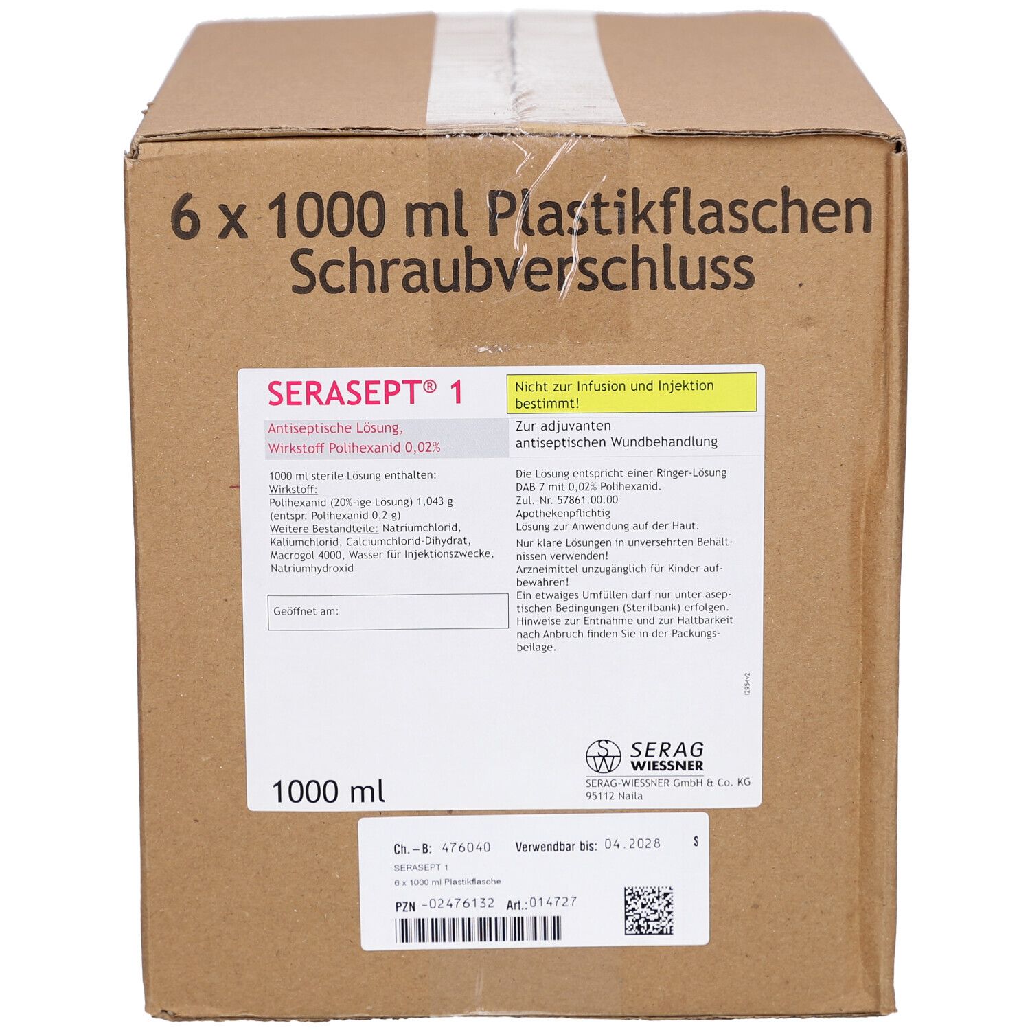 Karton mit SERASEPT 1 Lösung. Aufdrucke: 6 x 1000 ml Plastikflaschen, Schraubverschluss, SERAG WIESSNER, Produktinformationen.
