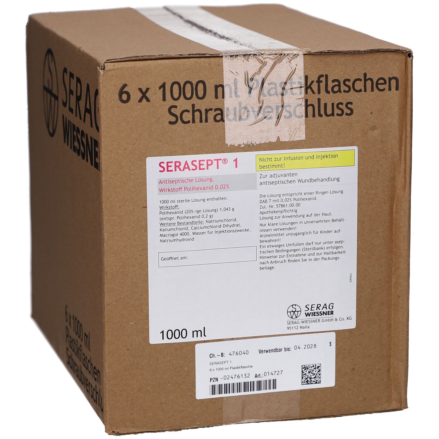 Karton mit SERASEPT 1 Lösung. Aufdrucke: 6 x 1000 ml Plastikflaschen, Schraubverschluss, SERAG WIESSNER, Produktinformationen.