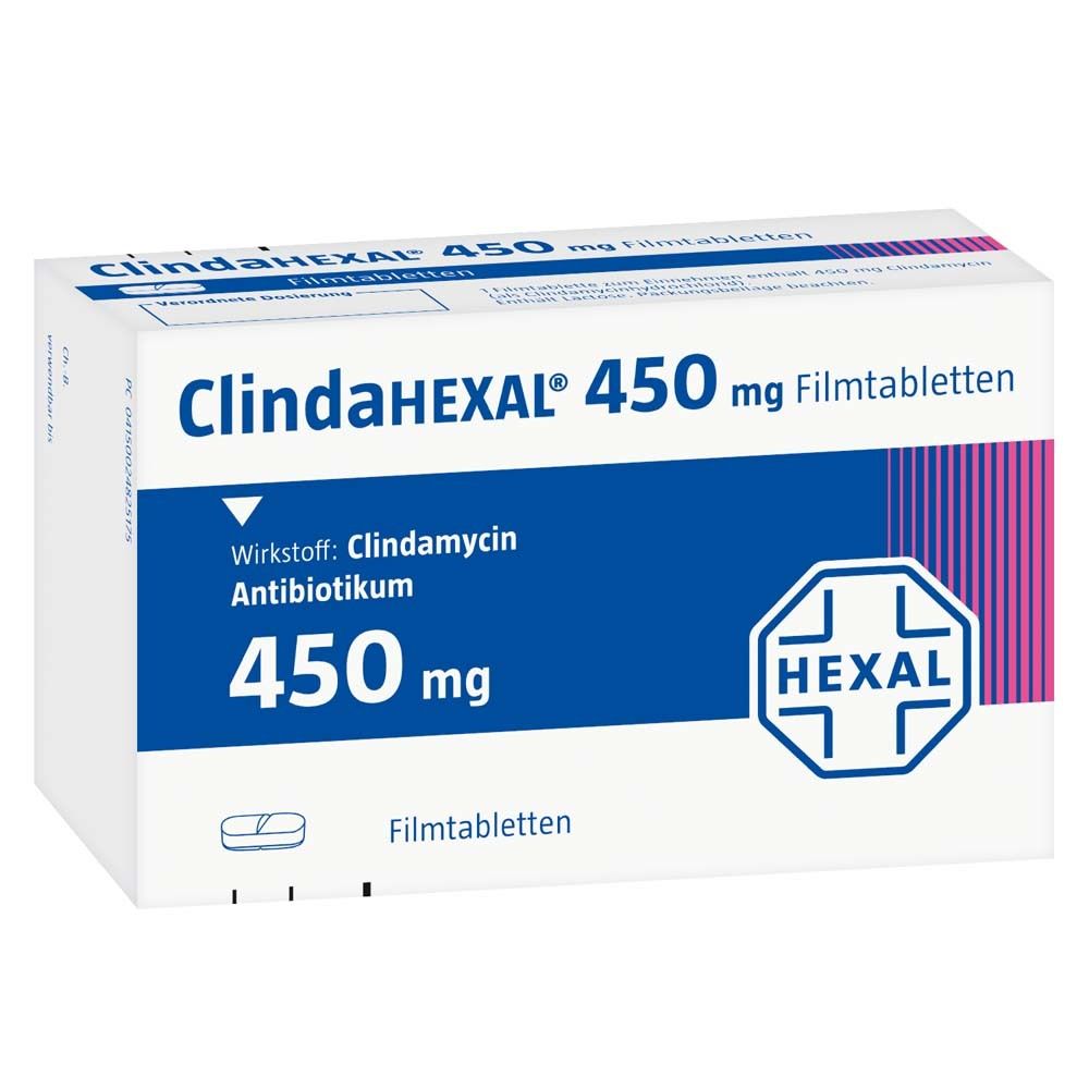 Schachtel mit ClindaHEXAL 450 mg Filmtabletten. Blaue und weiße Verpackung mit Logo und Produktinformationen.