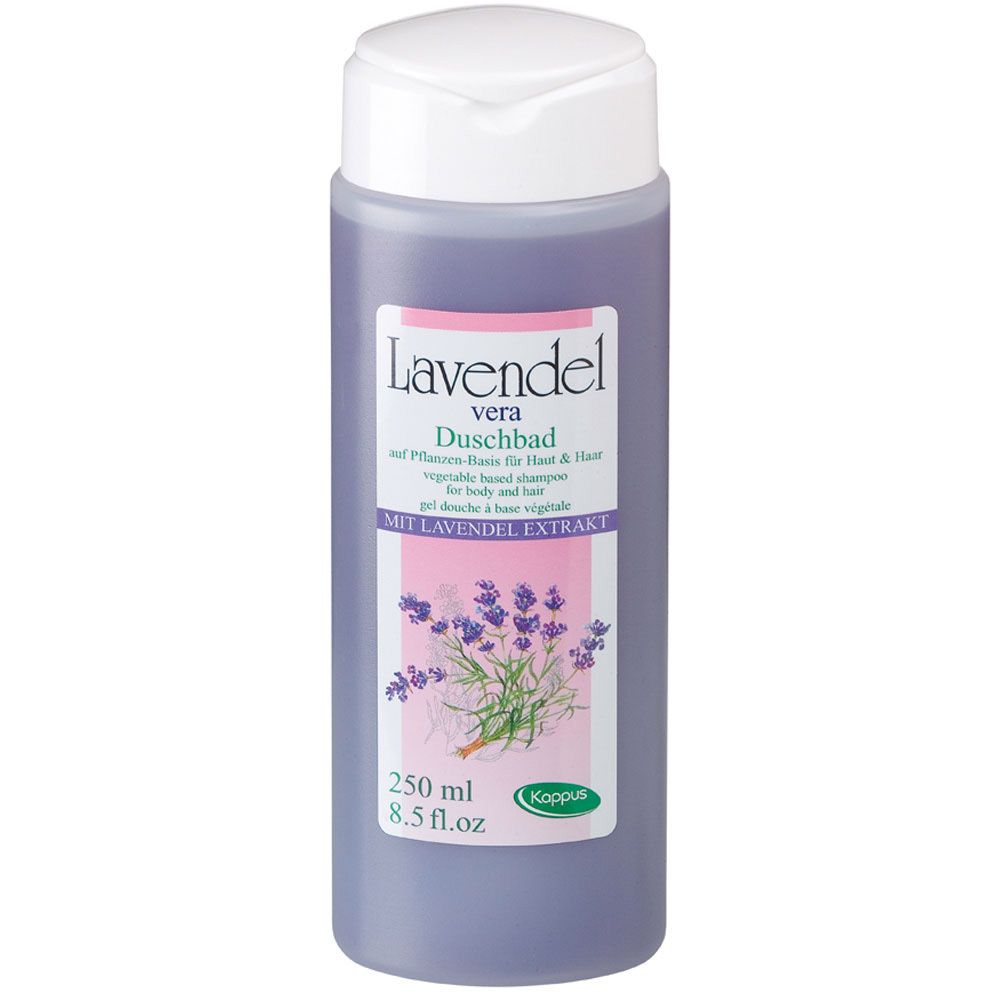 Flasche mit lila Flüssigkeit. Etikett mit Lavendel-Illustration und Text: Lavendel Vera Duschbad. 250 ml. Marke Kappus.