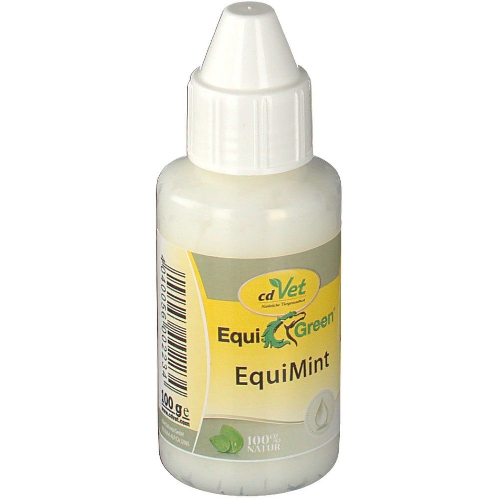 Weißliche Flasche mit weißem Verschluss. Aufschrift: cdVet EquiGreen EquiMint. Etikett mit Blattmotiv und 100 g.