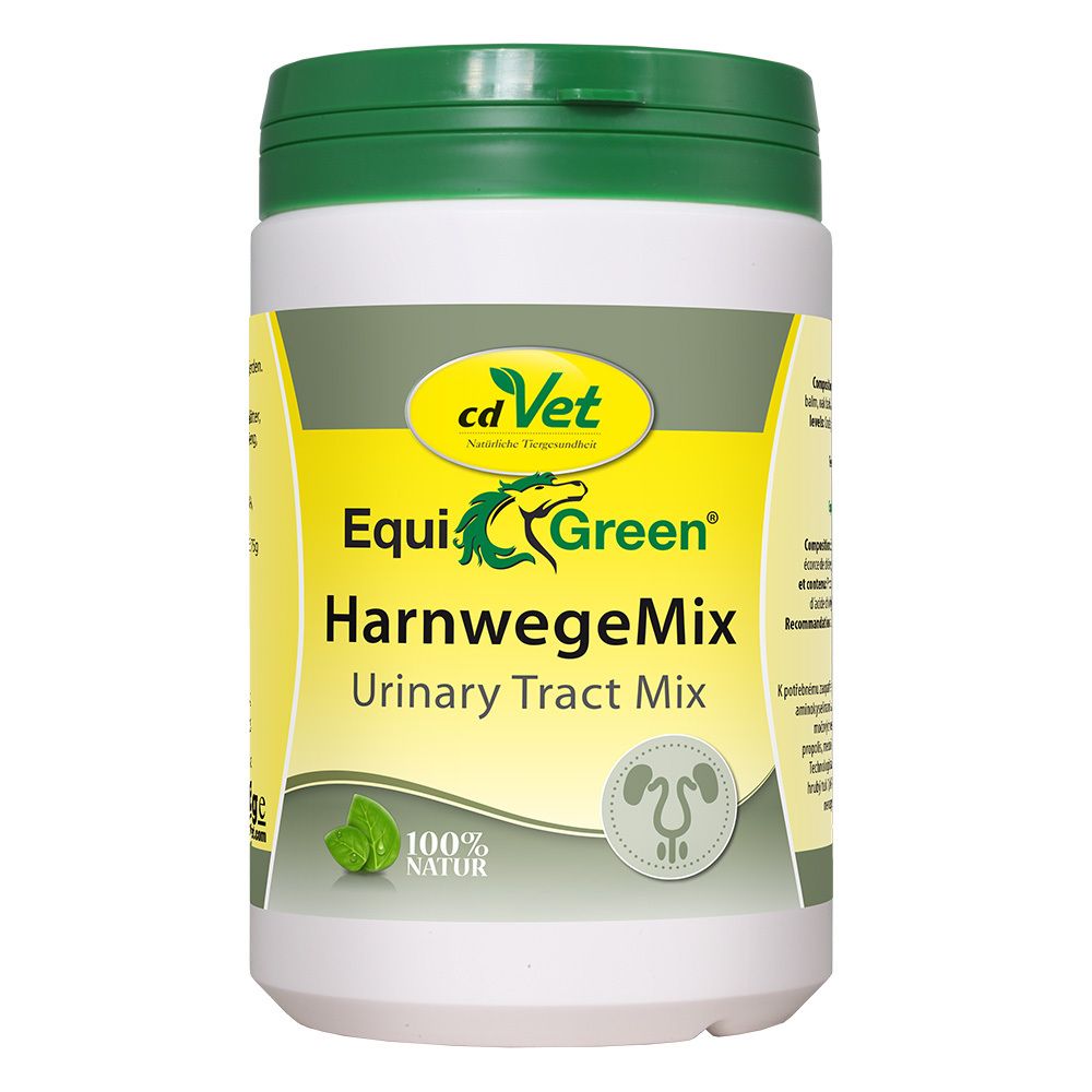 Weiß-grüne Dose mit grünem Deckel. Aufschrift: cdVet EquiGreen HarnwegeMix Urinary Tract Mix. Logo mit Hund und Kräutern.