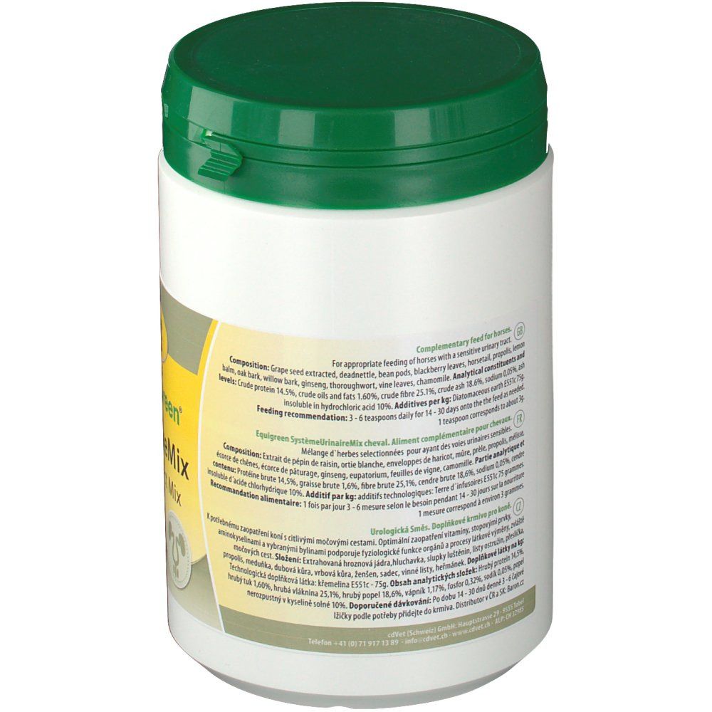 Rückseite einer weißen Dose mit grünem Deckel. Text in mehreren Sprachen. Enthält Informationen über die Zusammensetzung und Fütterungsempfehlung.