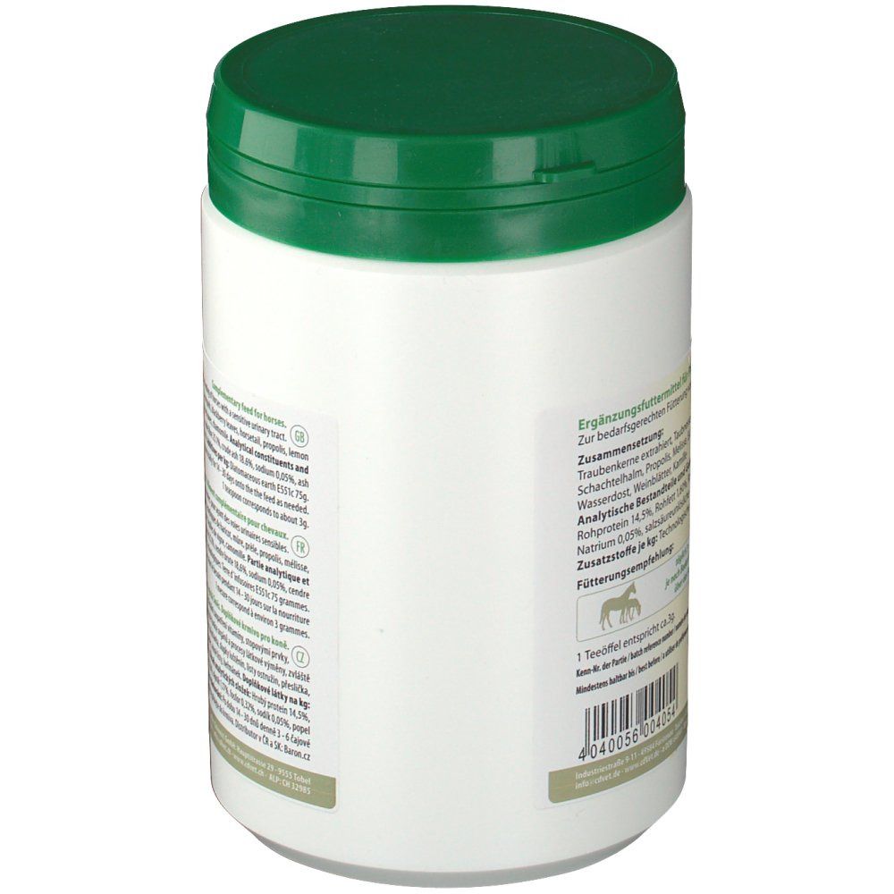 Seitenansicht einer weißen Dose mit grünem Deckel. Text in mehreren Sprachen. Enthält Informationen über die Zusammensetzung und Fütterungsempfehlung.