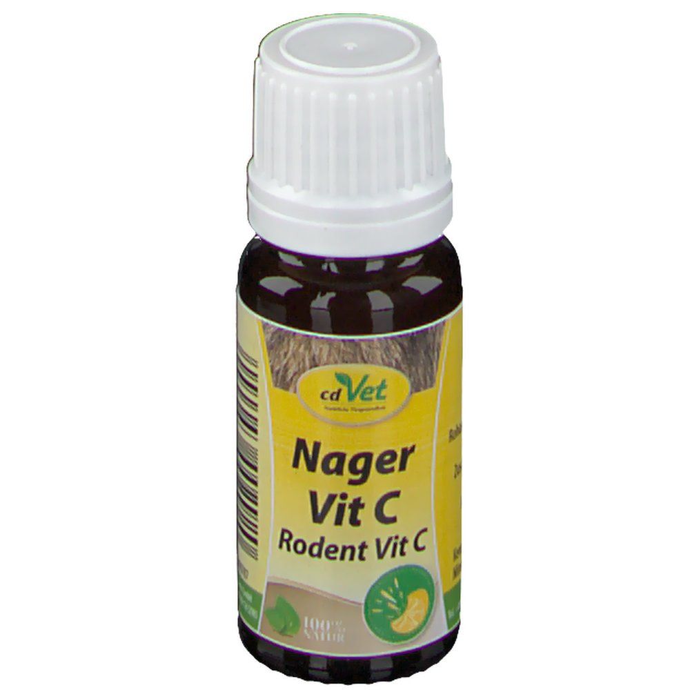 Braune Glasflasche mit weißem Schraubverschluss. Etikett mit gelbem Hintergrund und Text: Nager Vit C, Rodent Vit C. Logo cdVet.