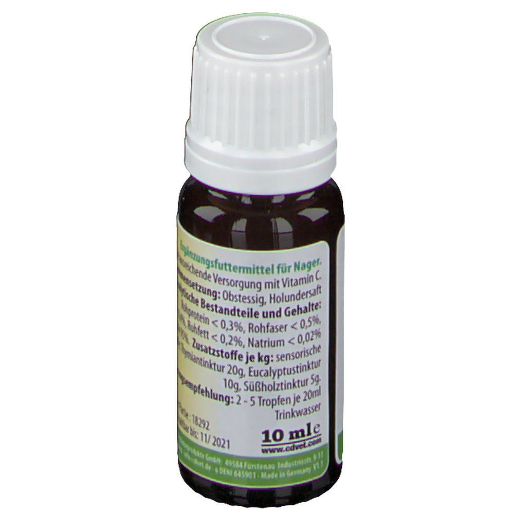 Braune Glasflasche mit weißem Schraubverschluss. Etikett mit Text: 10 ml, Fütterungsempfehlung. Logo cdVet.