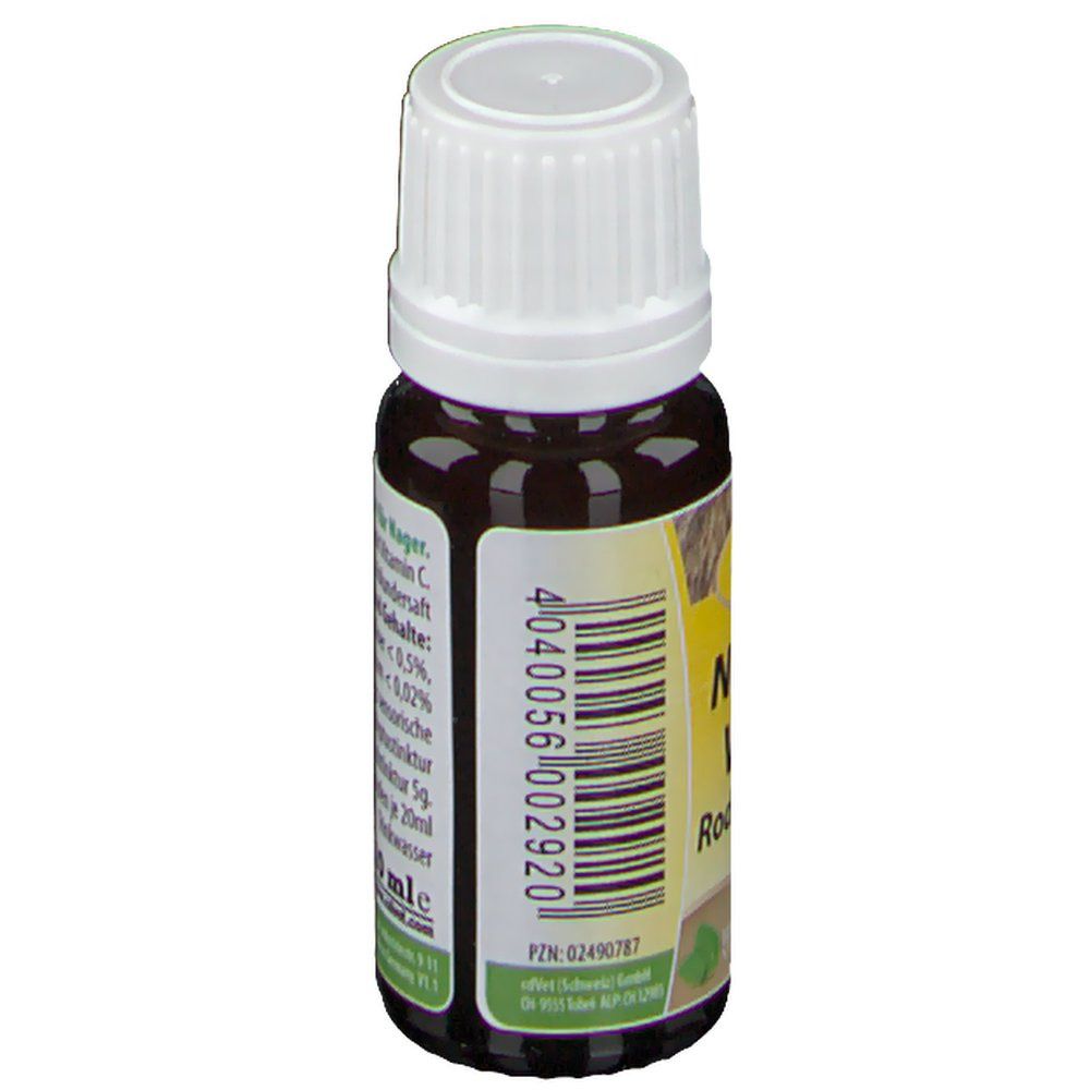 Braune Glasflasche mit weißem Schraubverschluss. Etikett mit Barcode und Text. Logo cdVet.