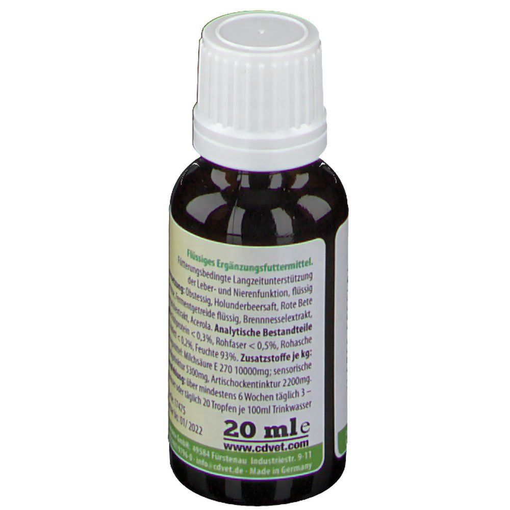 Braune Glasflasche mit weißem Deckel. Etikett mit Text. Aufschrift: 20 ml e, cdVet.