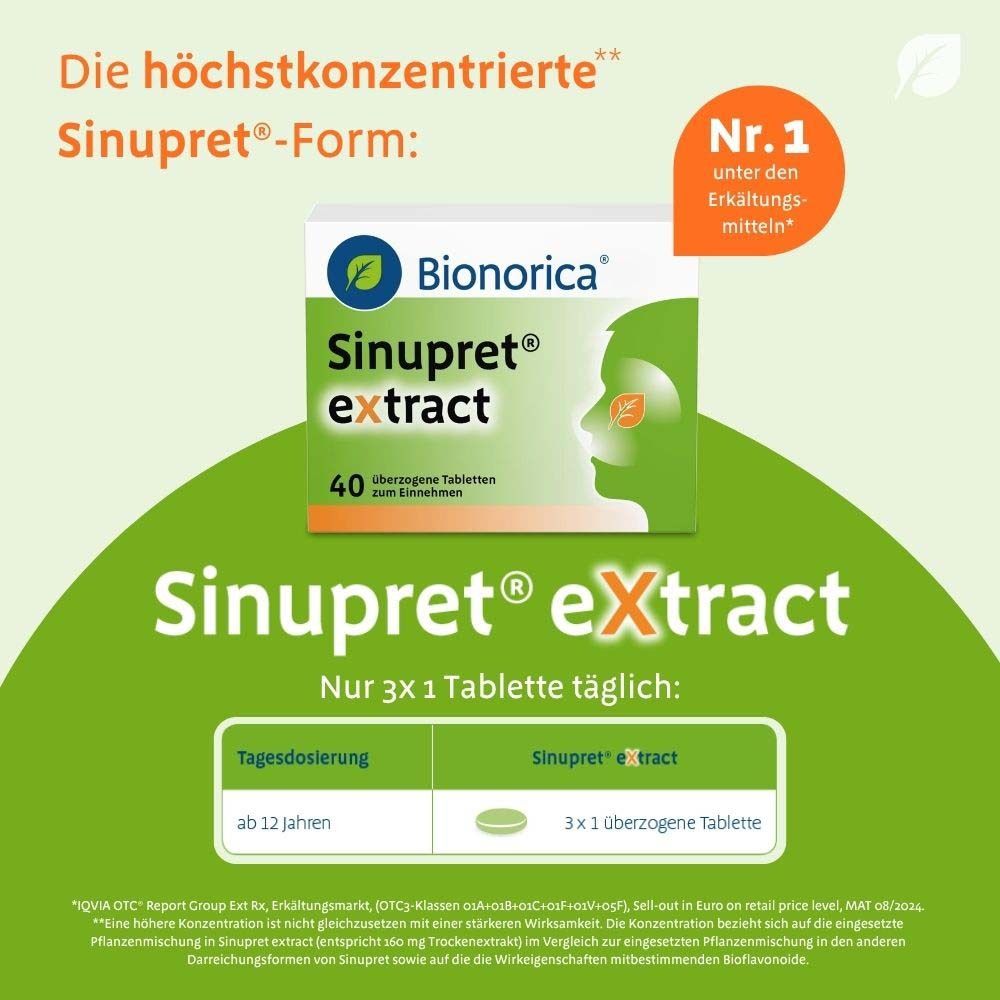 Sinupret® extract-Packung. 40 Tabletten. Dosierungstabelle. Text: Nur 3x 1 Tablette täglich.