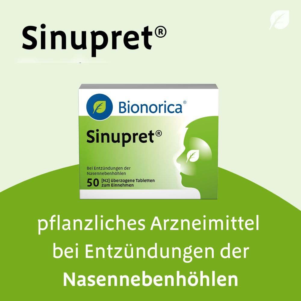 Sinupret®-Packung. Bionorica-Logo. 50 überzogene Tabletten. Pflanzliches Arzneimittel bei Nasennebenhöhlenentzündung.