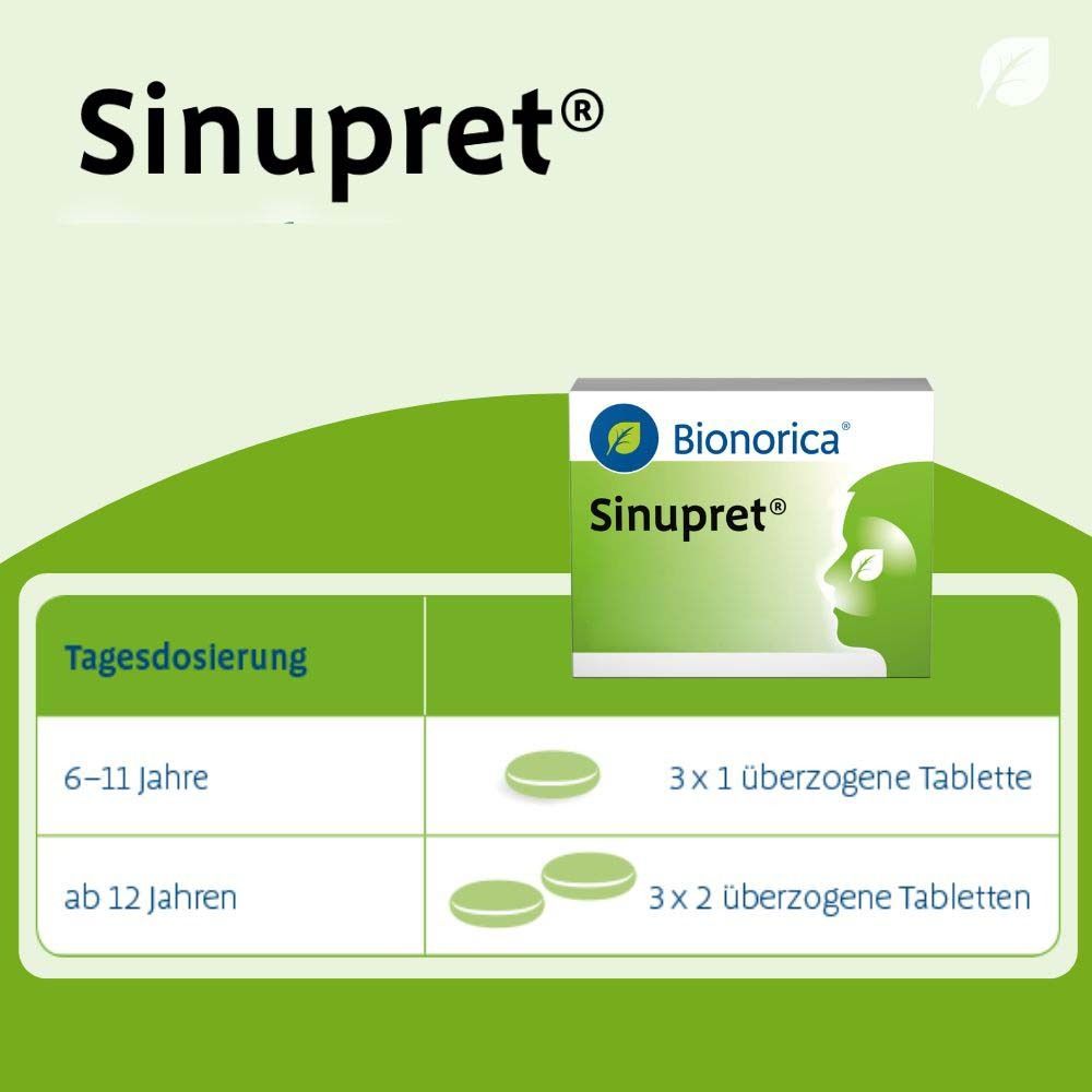 Sinupret®-Packung. Bionorica-Logo. Dosierungstabelle: 6-11 Jahre: 3x1 Tablette. Ab 12 Jahren: 3x2 Tabletten.