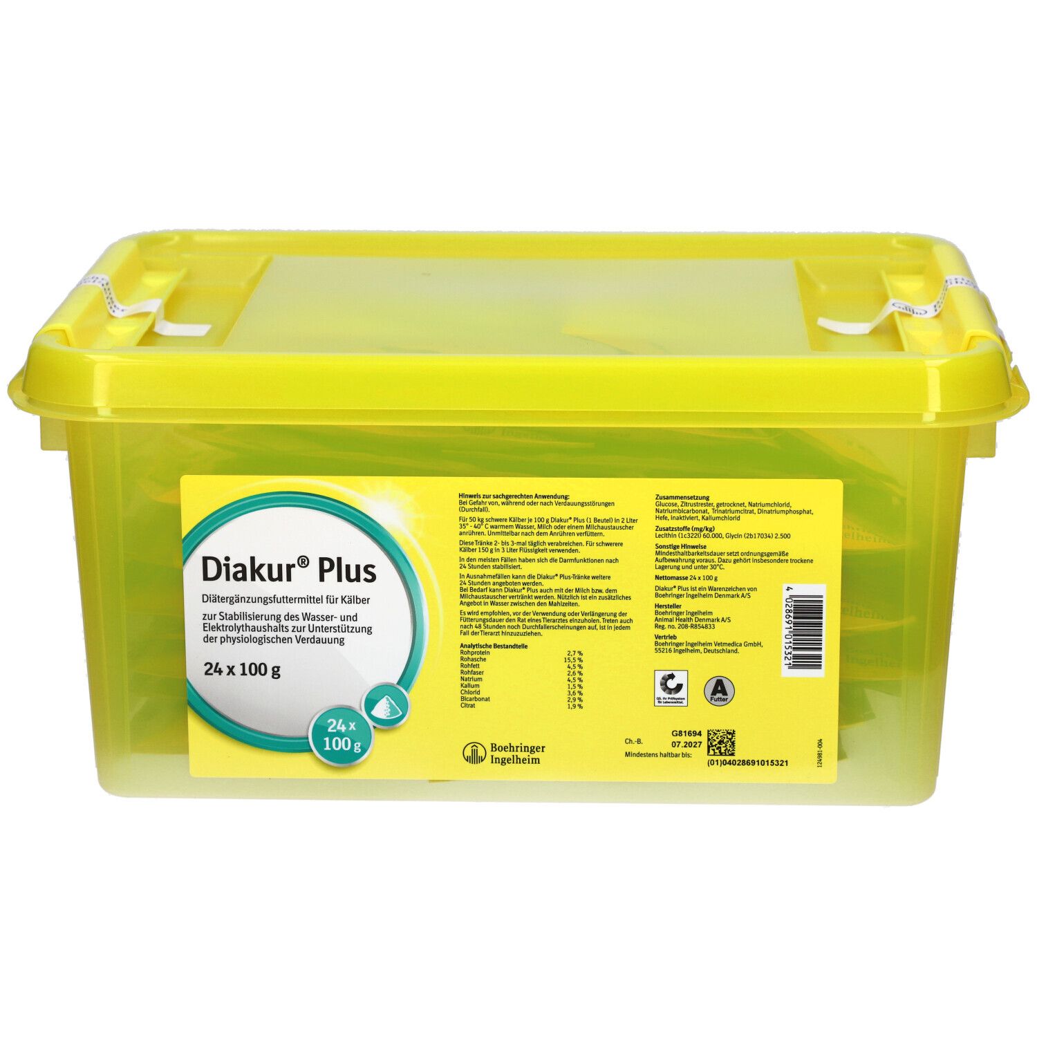 Gelbe Kunststoffbox mit Diakur® Plus. Aufkleber mit Produktnamen, Inhaltsangaben und Logo. Enthält 24 Beutel à 100g.