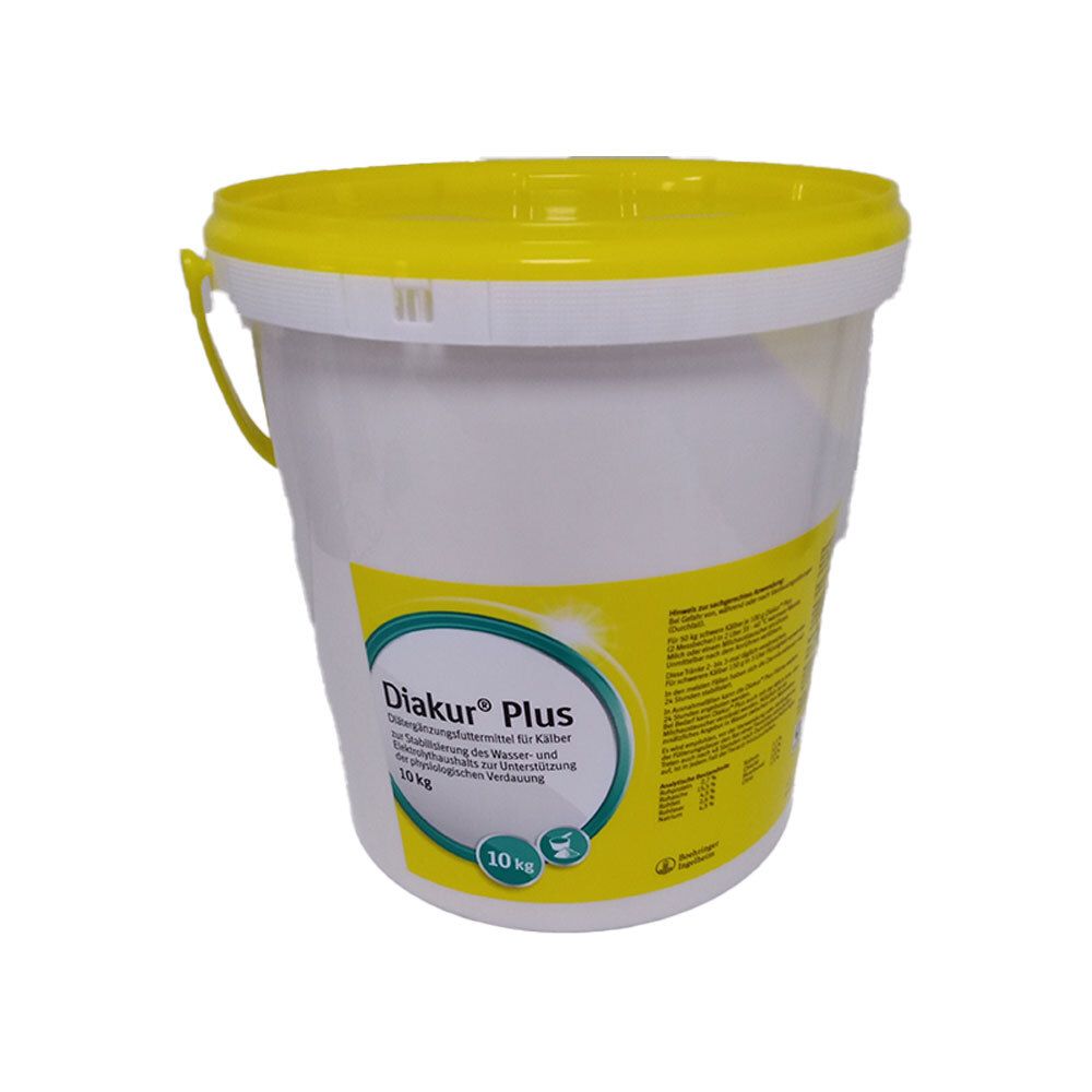 Eimer mit gelbem Deckel und Griff. Aufkleber mit Produktbezeichnung Diakur® Plus und 10 kg.