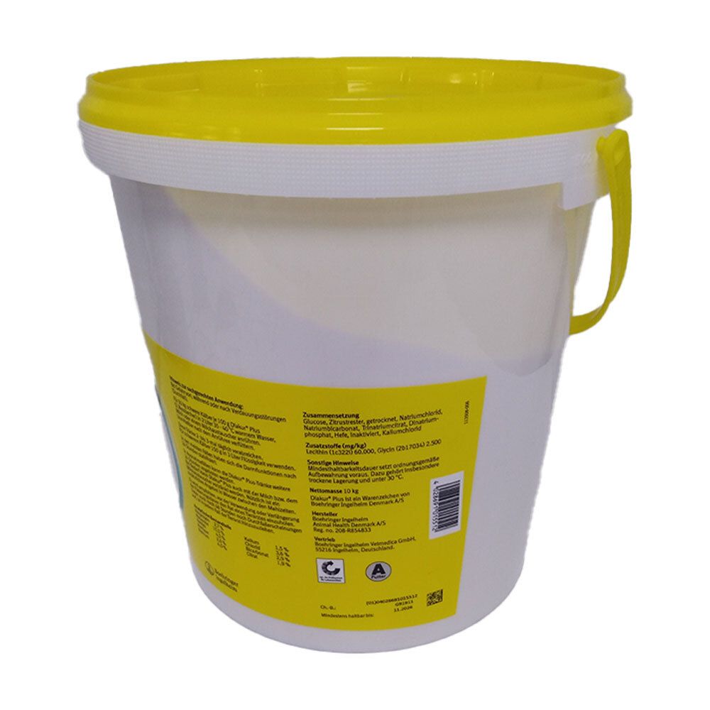 Weißer Eimer mit gelbem Deckel und Griff. Rückseite mit Etikett und Text.