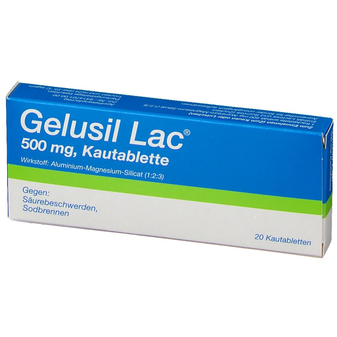 Blau-weiße Schachtel mit "Gelusil Lac" und Text. 20 Kautabletten.