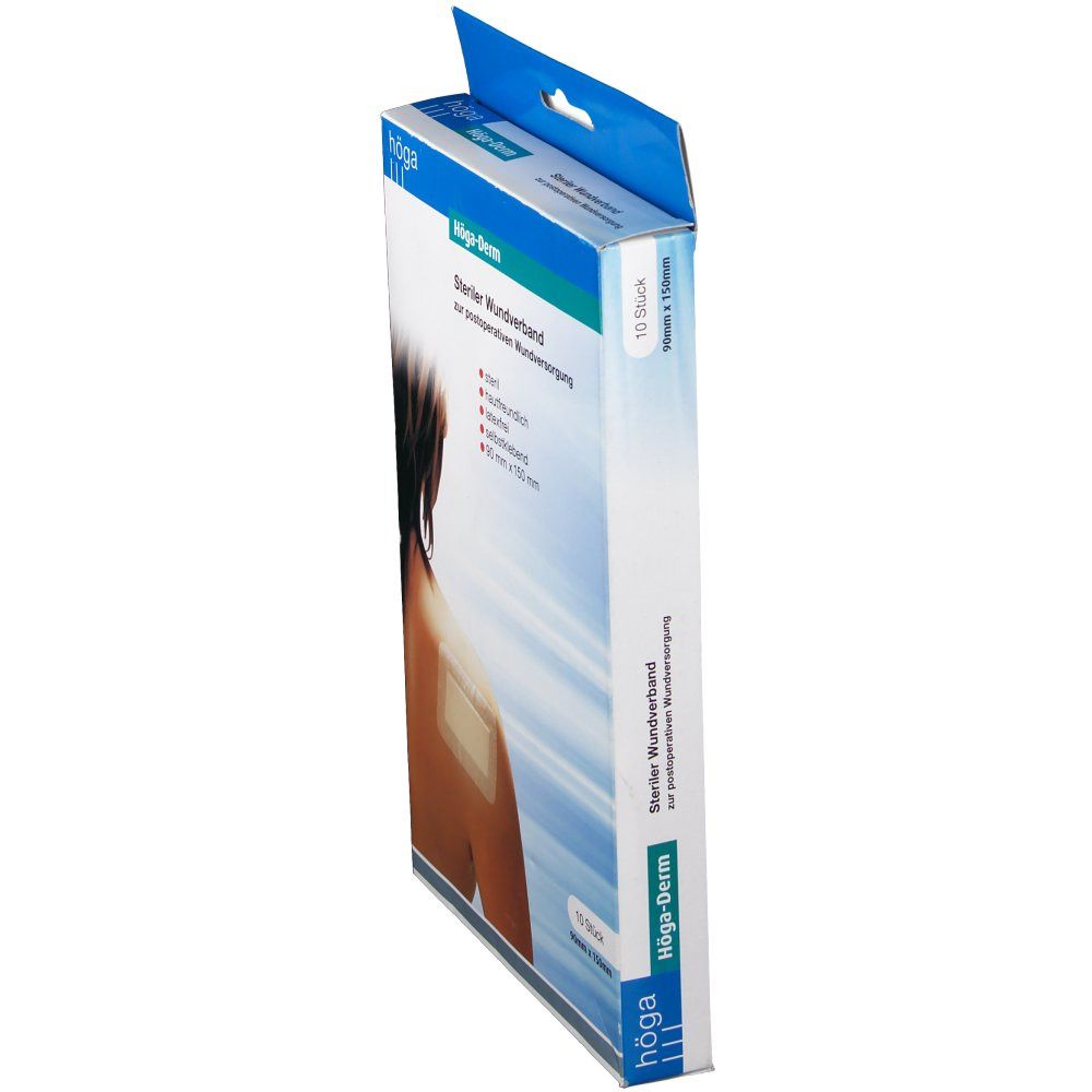Höga-Derm Pflaster-Verpackung. Steriler Wundverband, 90 x 150 mm. 10 Stück. Aufschrift: steril, hautfreundlich, latexfrei, selbstklebend. Box mit Aufhänger.
