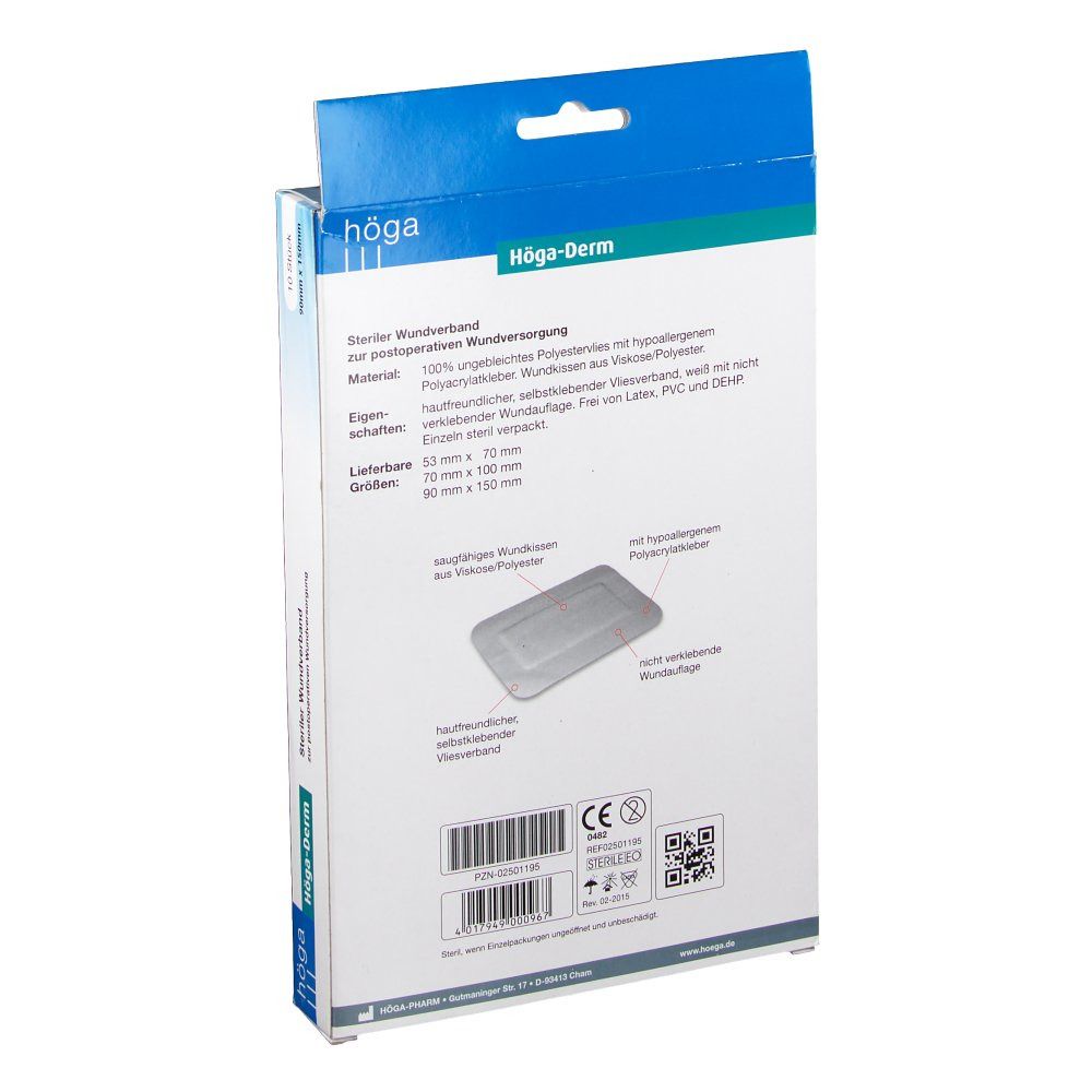 Rückseite der Höga-Derm Pflaster-Verpackung. Steriler Wundverband. Größenangaben, Eigenschaften, Inhaltsstoffe. CE-Kennzeichnung und QR-Code.