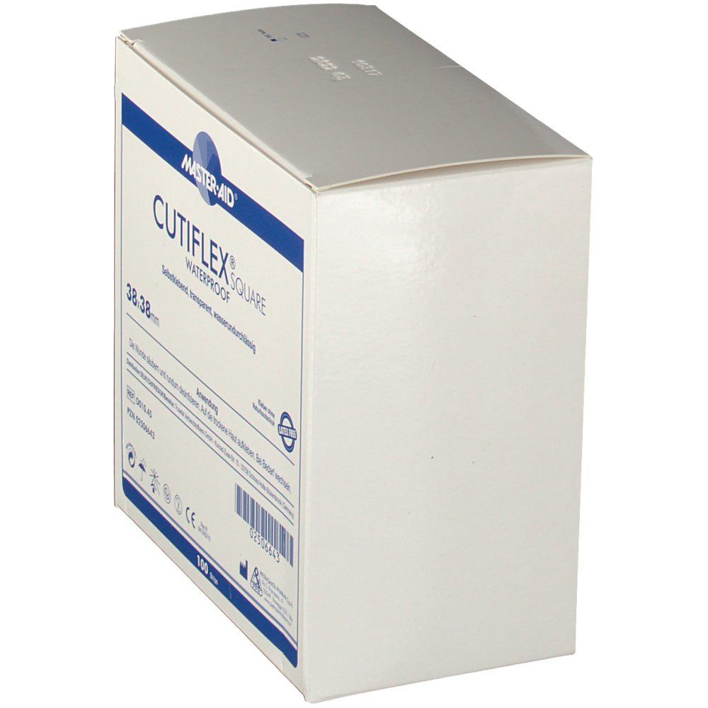 Weißer Karton, schräg von vorne. Aufschrift: CUTIFLEX® SQUARE, 38x38mm. Blaue Schrift. CE-Kennzeichnung und Barcode sichtbar.