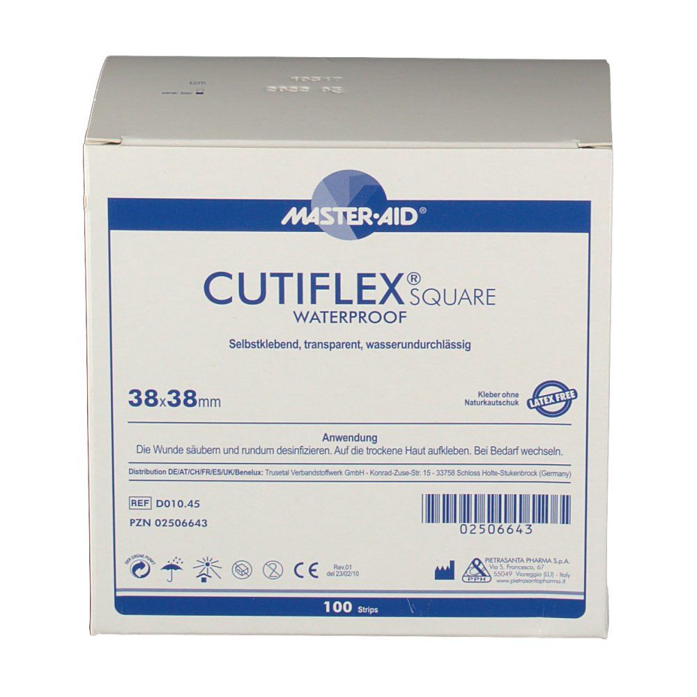 Weißer Karton mit blauer Schrift. Aufschrift: CUTIFLEX® SQUARE, 38x38mm, wasserundurchlässig. Enthält 100 Pflaster. CE-Kennzeichnung.