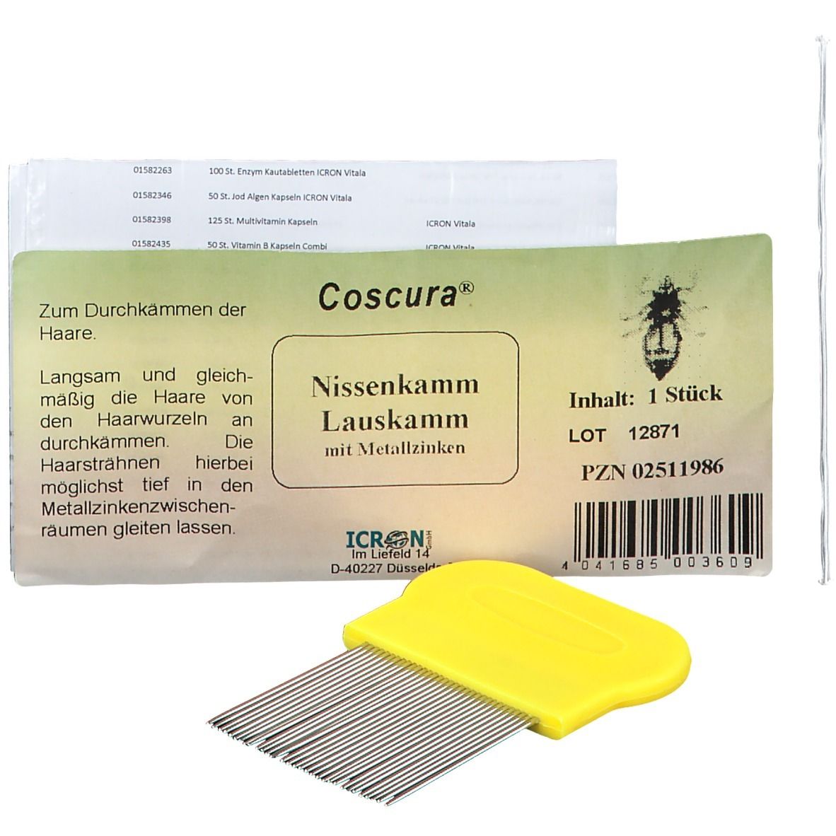 Gelber Nissenkamm mit Metallzähnen. Verpackung mit Produktinformationen und einem Blatt.