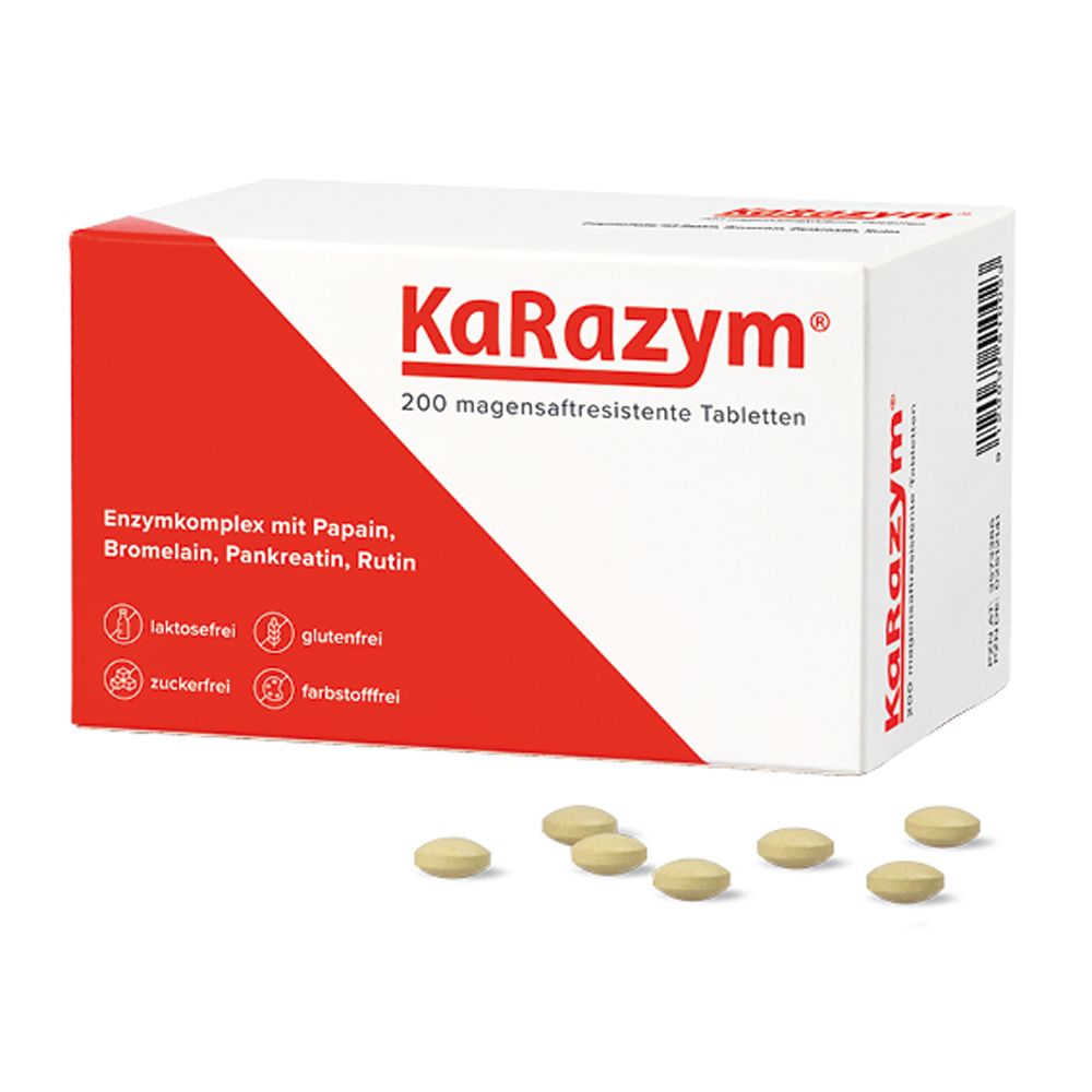 Weiße und rote KaRazym®-Verpackung mit Tabletten. Enthält 200 magensaftresistente Tabletten. Frei von Laktose, Gluten, Zucker und Farbstoffen.