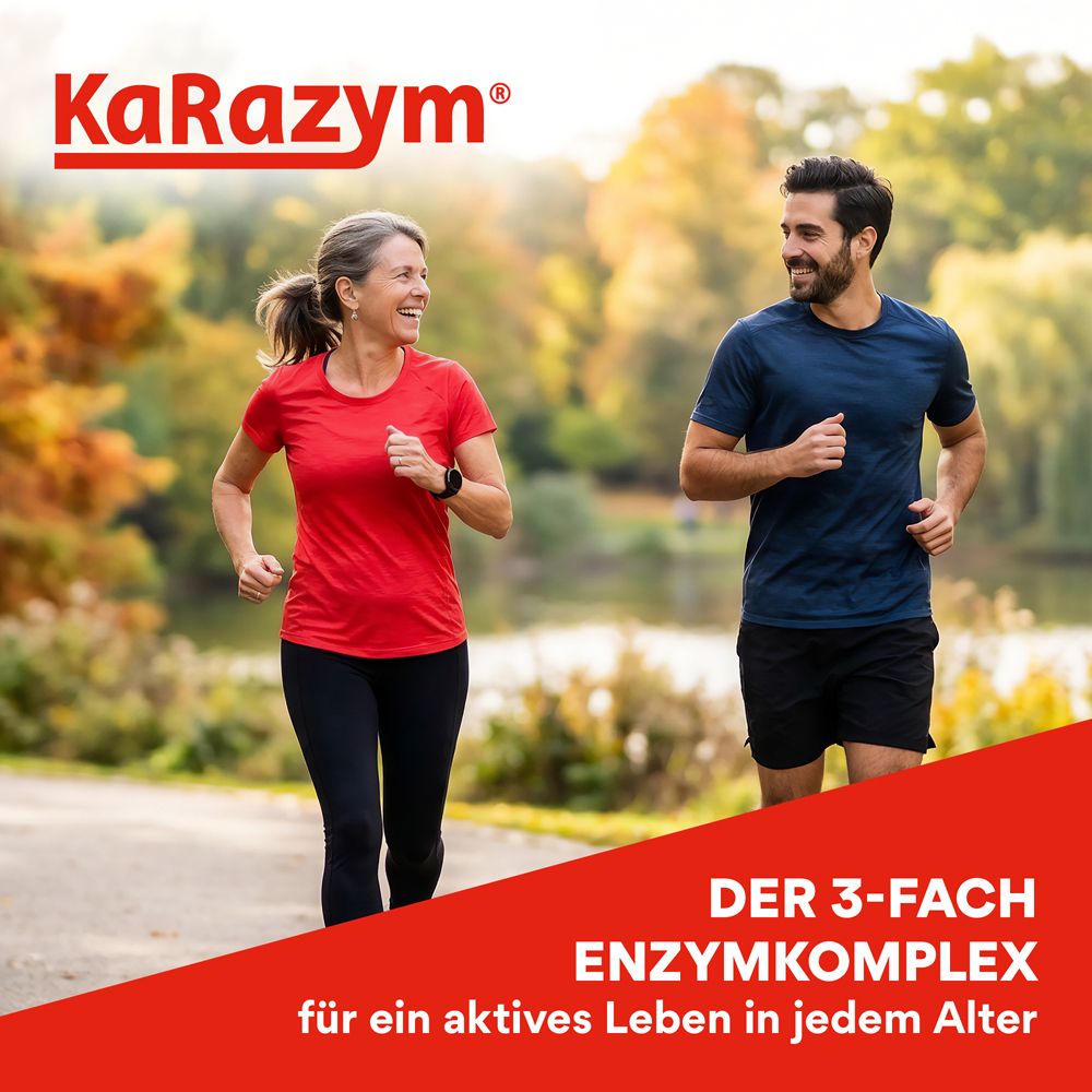 Ein Mann und eine Frau joggen im Park. Roter Banner mit Text: DER 3-FACH ENZYMKOMPLEX für ein aktives Leben in jedem Alter. KaRazym® Logo.
