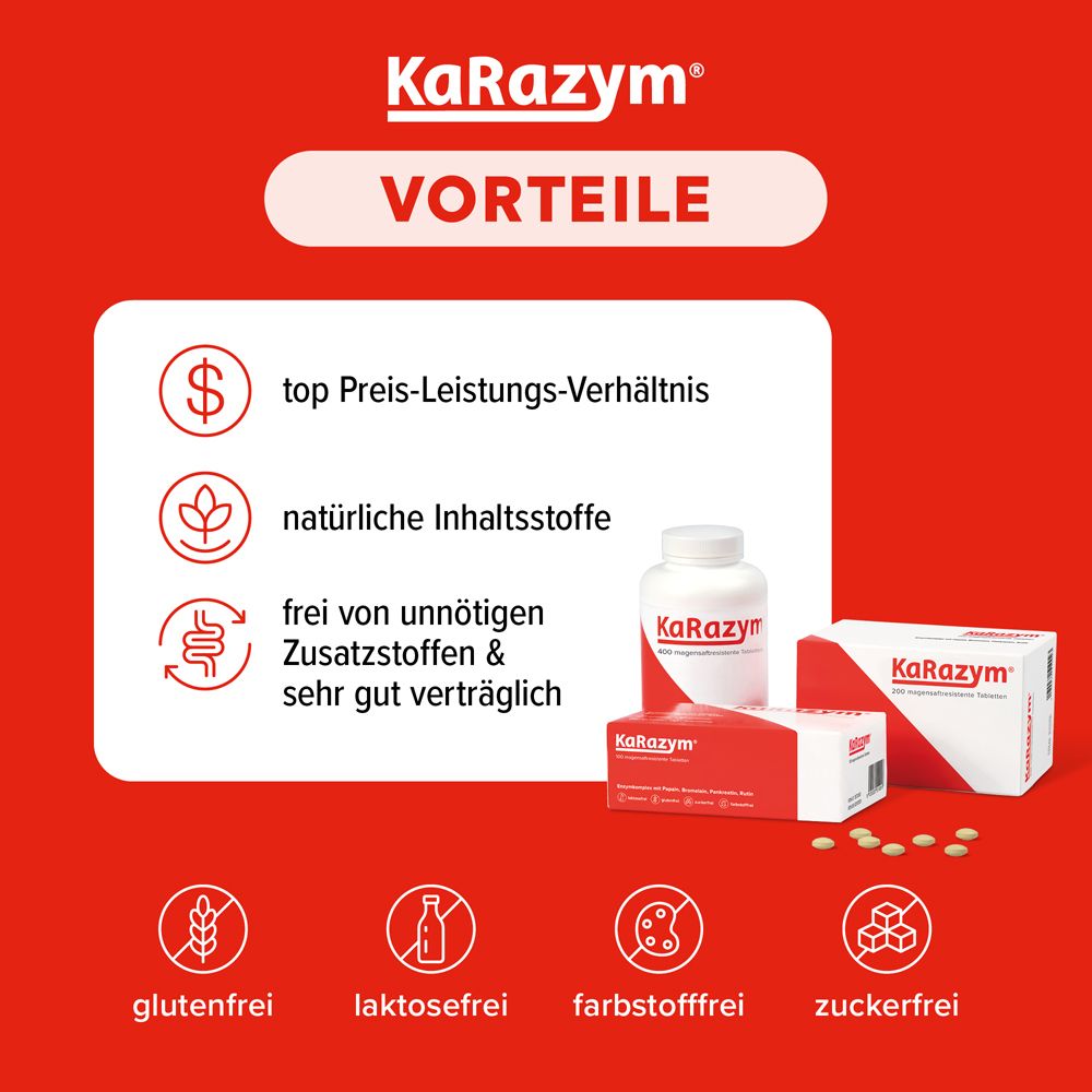 Vorteile von KaRazym®: Top Preis-Leistungs-Verhältnis, natürliche Inhaltsstoffe, frei von unnötigen Zusatzstoffen, sehr gut verträglich. Glutenfrei, laktosefrei.